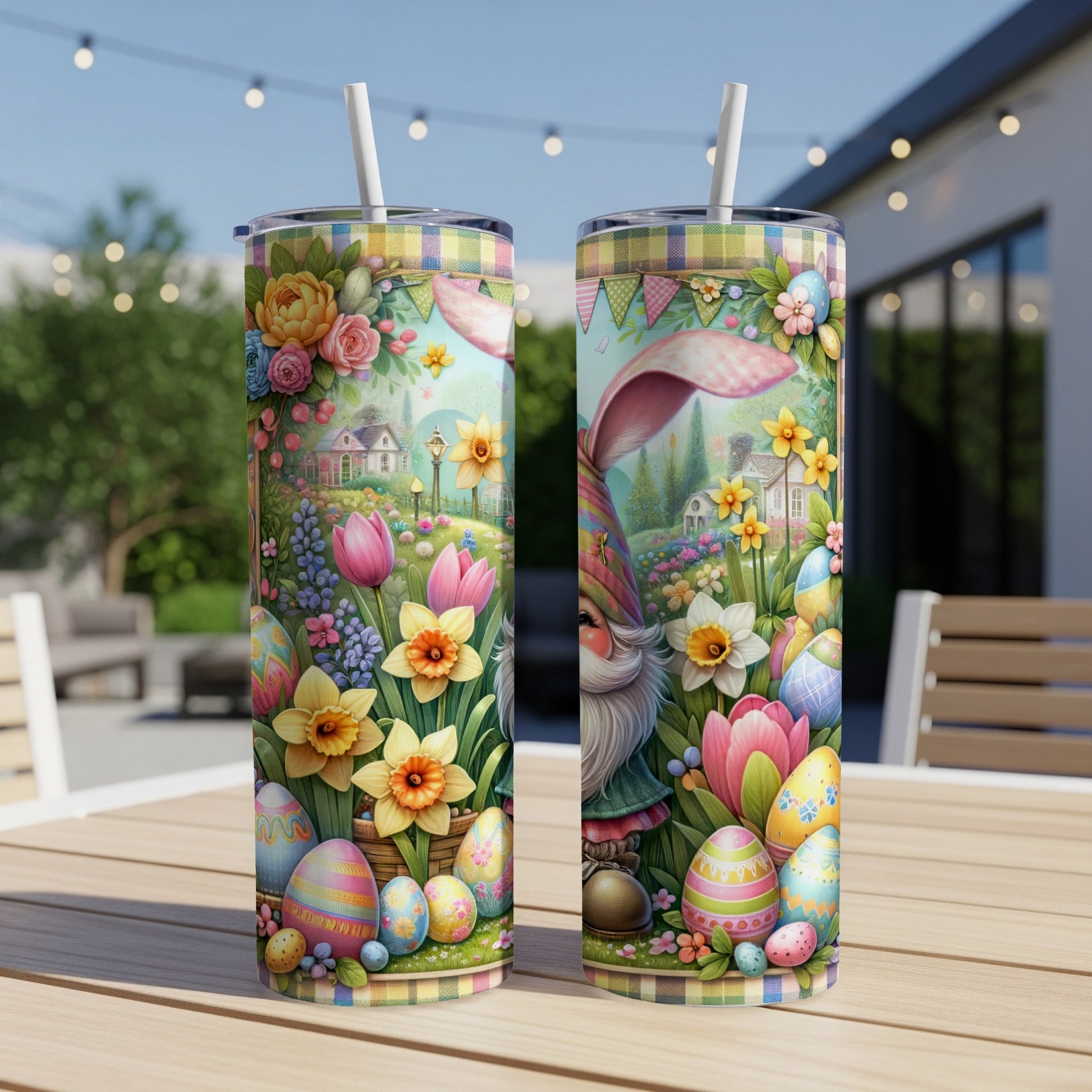 Easter gnome and eggs pattern on two tumblers with outdoor background.