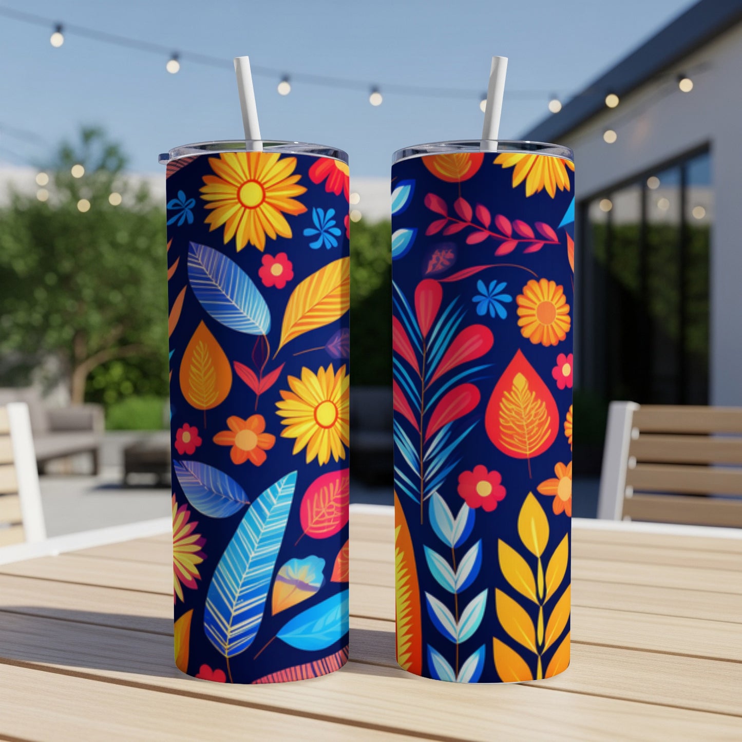 Two tall tumblers with a vibrant floral and leaf pattern on a wooden table.