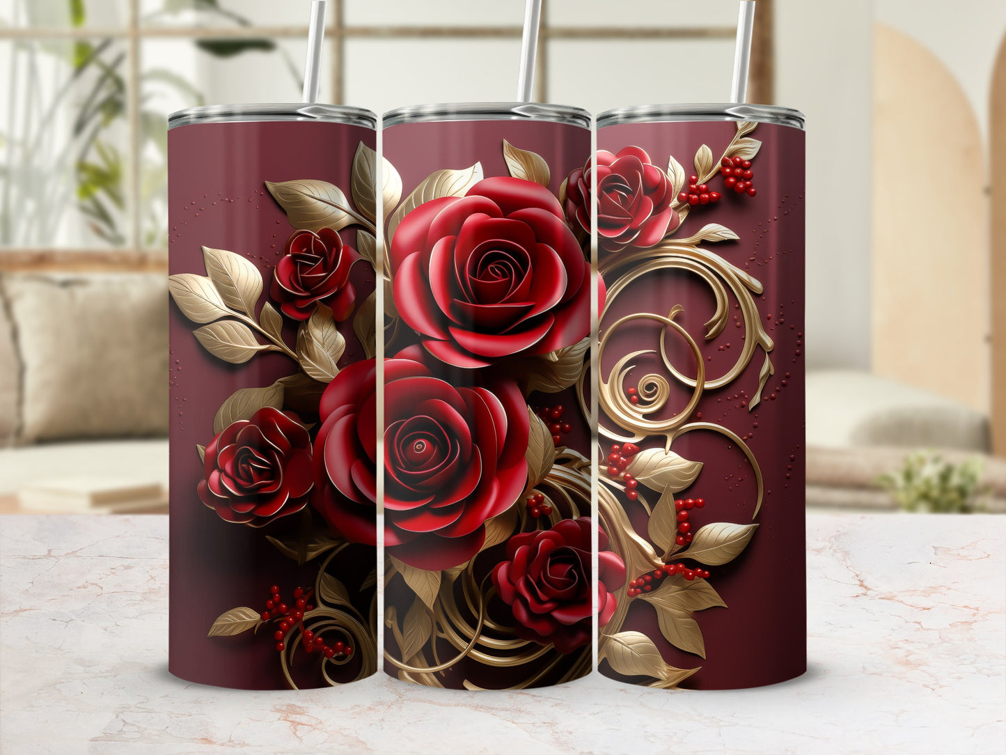 Maroon tumbler with red roses and gold scrollwork.