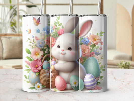 Cute bunny holding an Easter basket with colorful eggs and flowers.