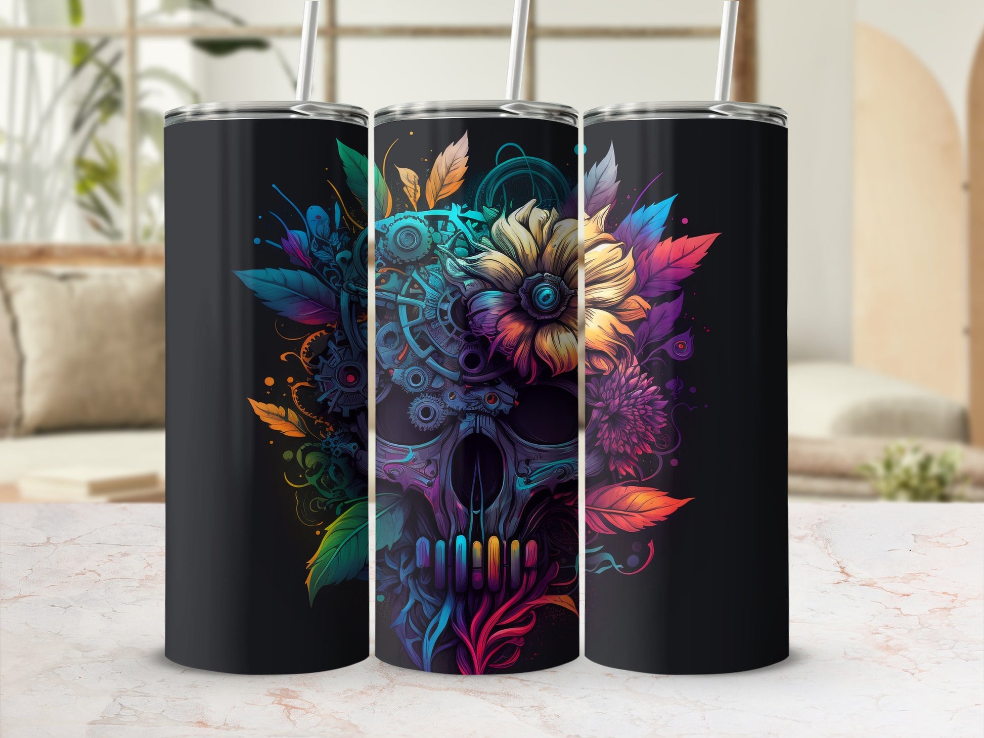 Colorful Skull and Floral Design Insulated Tumbler