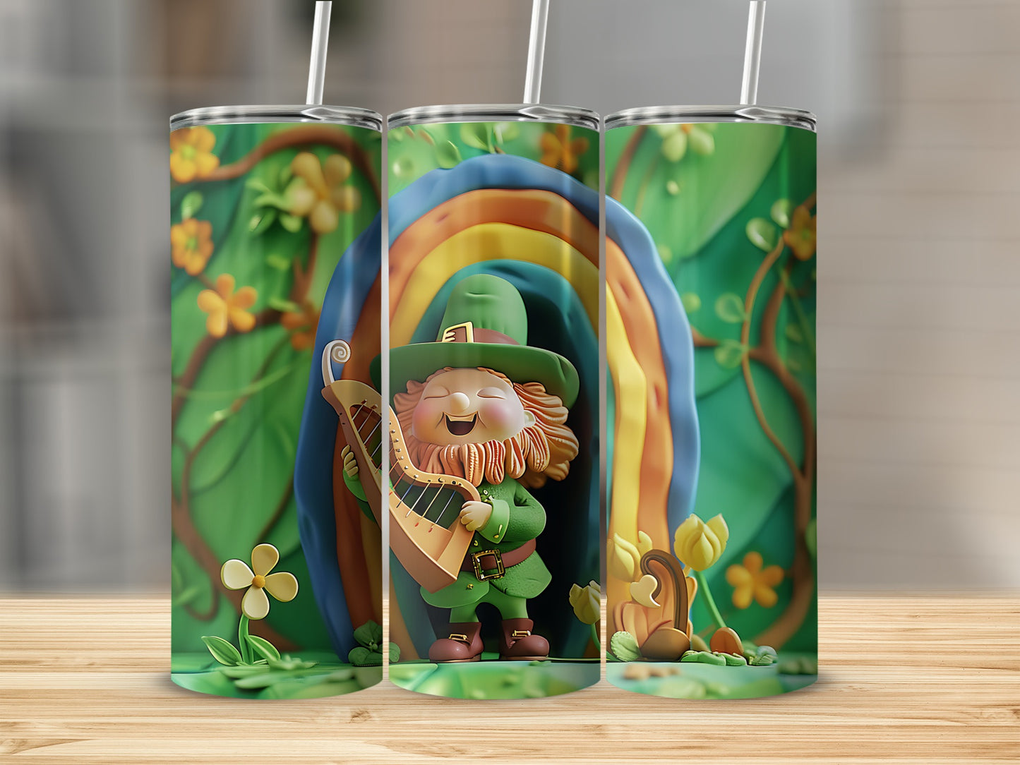 Leprechaun playing a harp under a rainbow on a St. Patrick's Day tumbler.