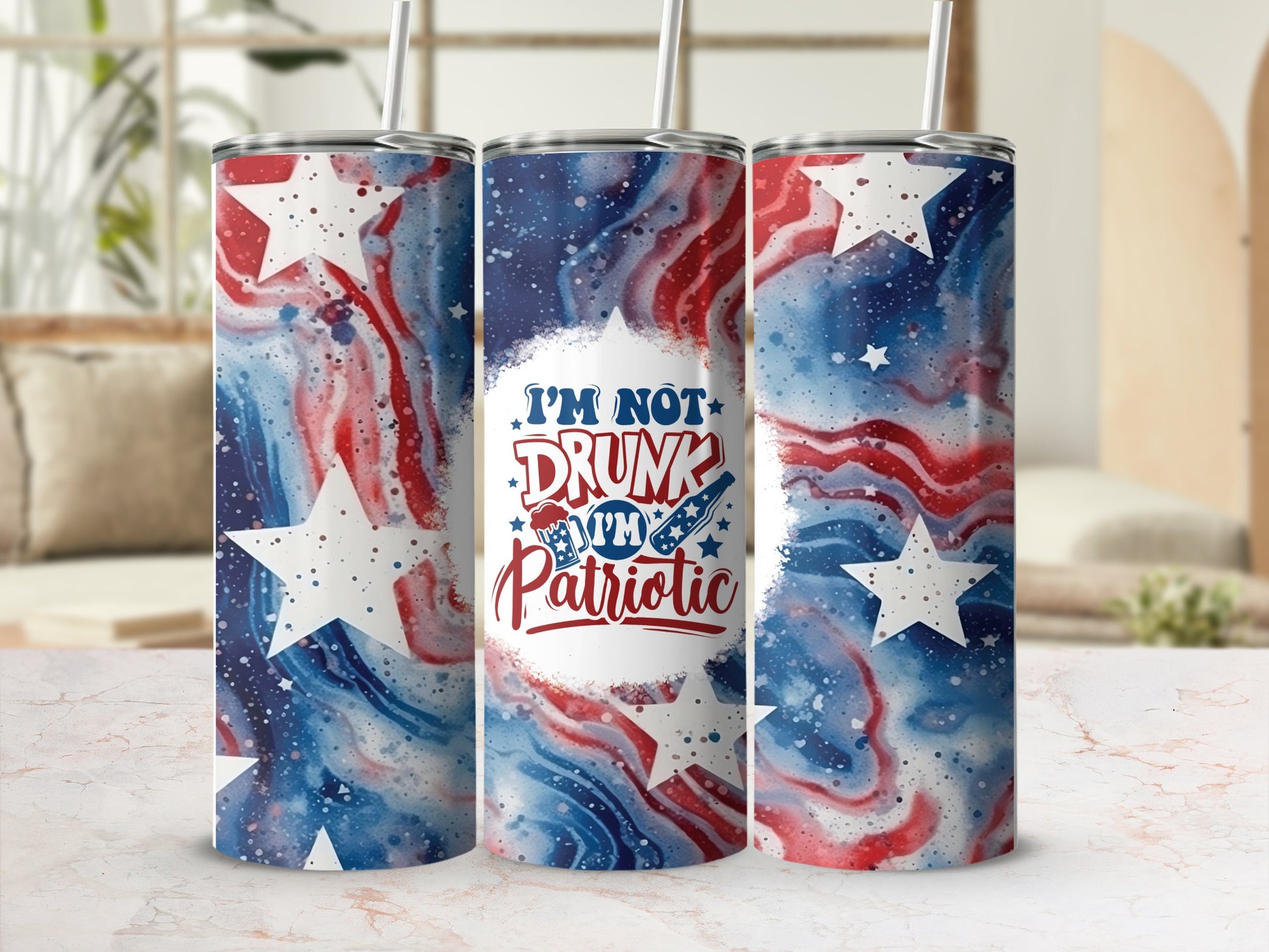3 skinny tumblers with red, white, and blue patriotic design and "I'm Not Drunk" text.