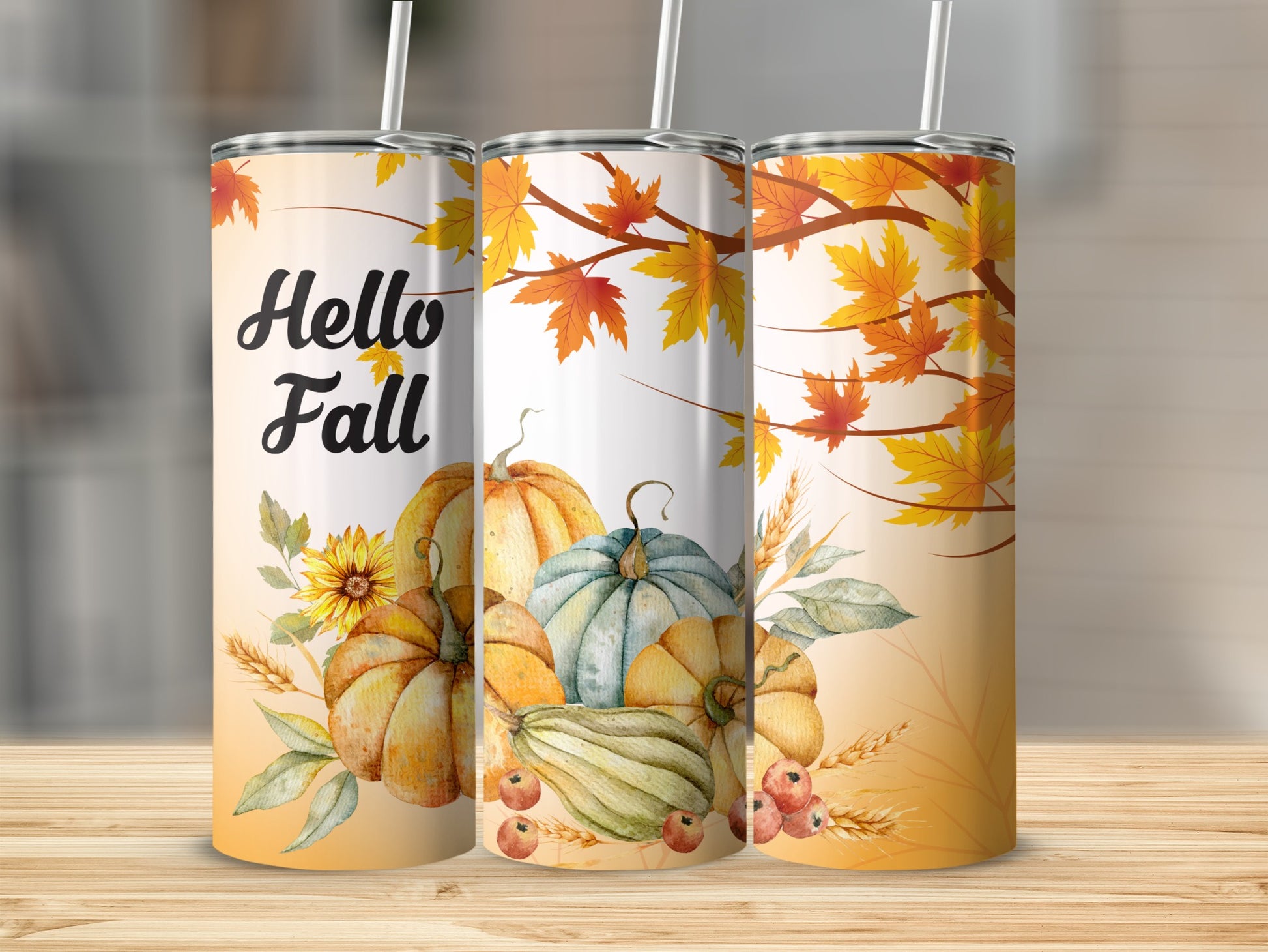 Autumn Themed Tumblers with Pumpkins and Leaves Design