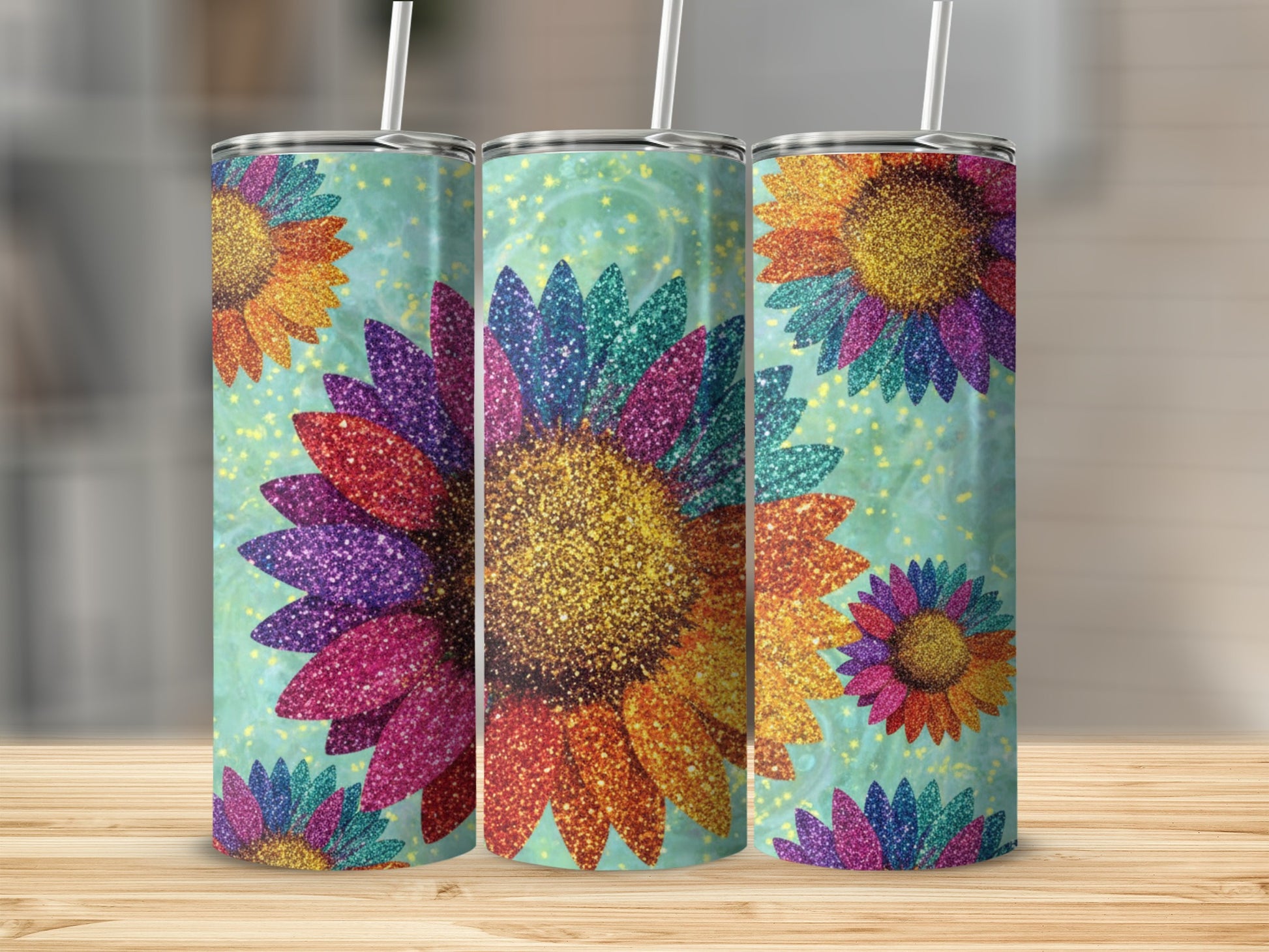 Sparkling Colorful Floral Pattern on Drinkware Tumbler