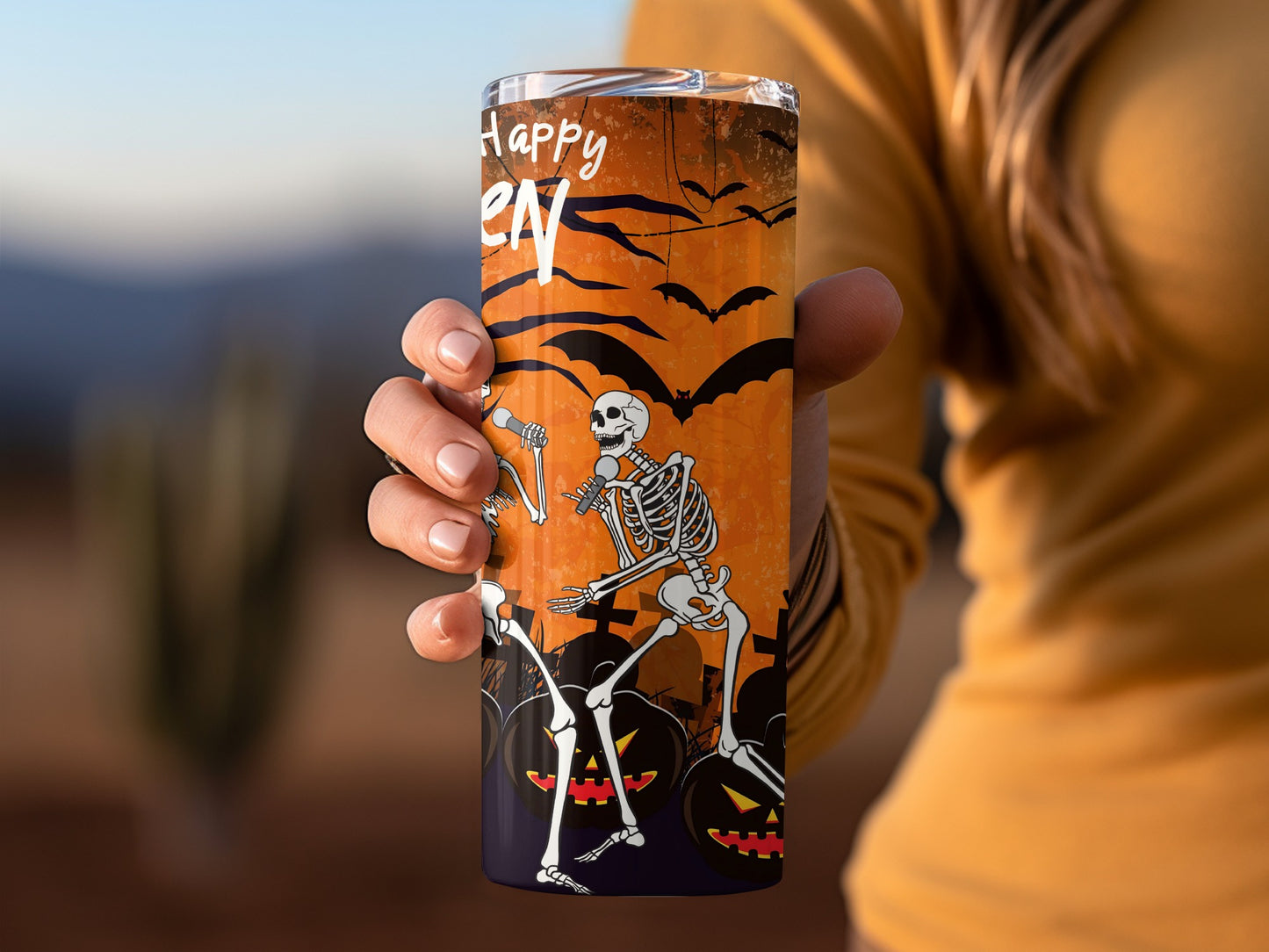 Halloween Skeleton and Bats Happy Halloween Tumbler