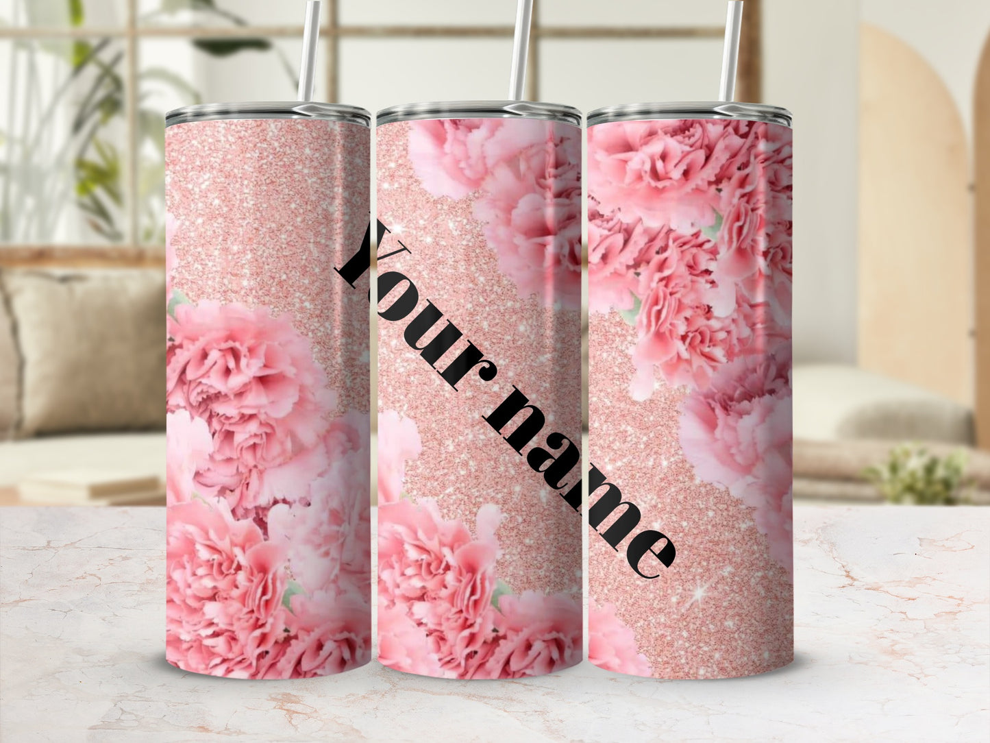 Personalized Pink Glitter Floral Tumbler for Custom Gifts