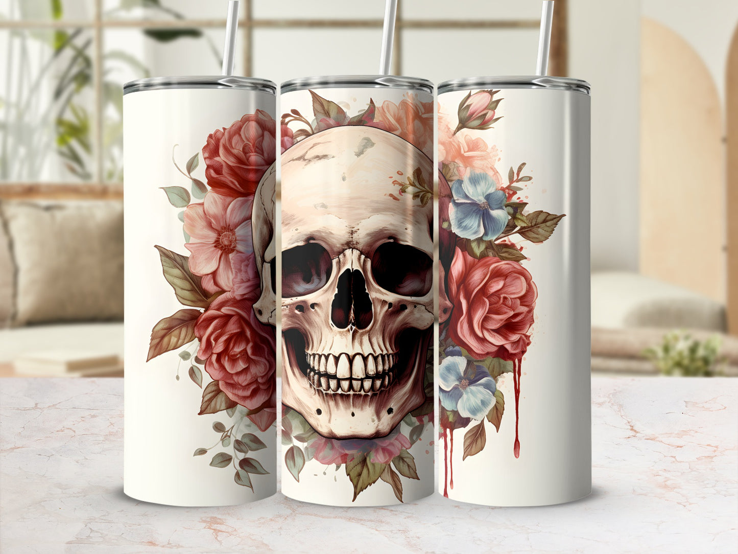 Three tumblers featuring a skull with red and blue flowers.