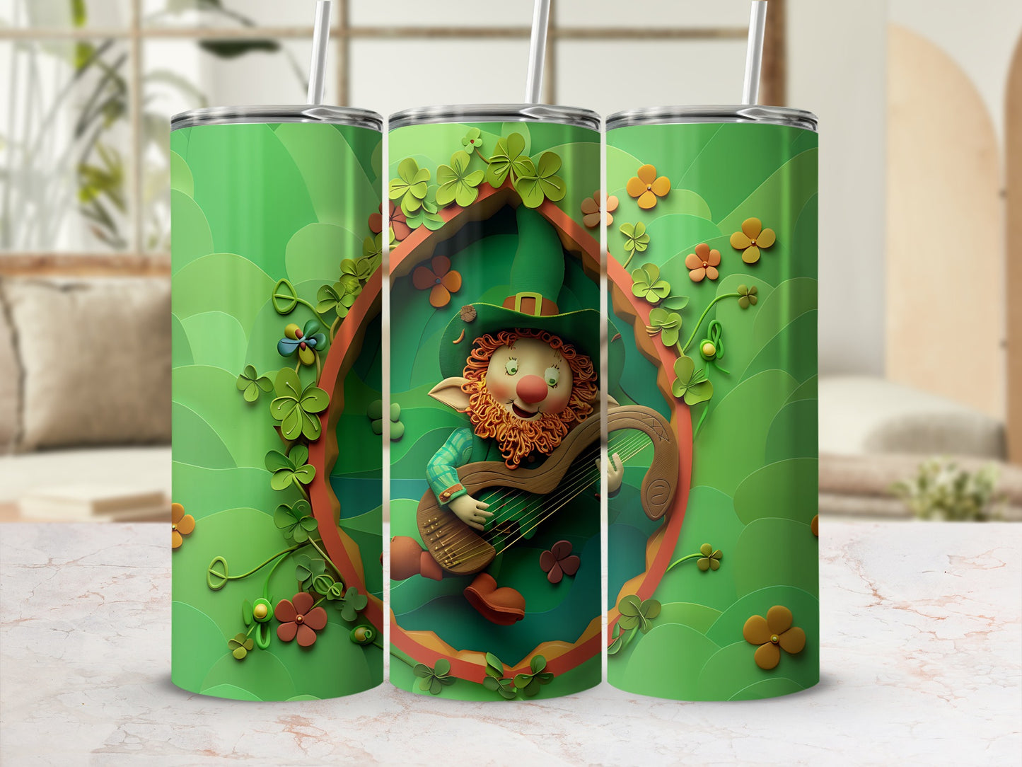 Leprechaun playing a harp surrounded by shamrocks and clover on a green tumbler.