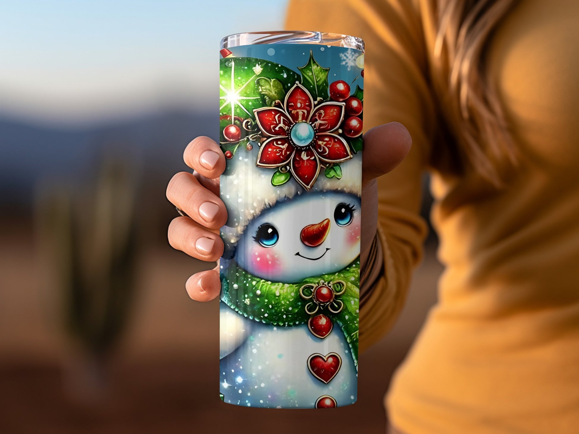 Festive Snowman Tumbler with Christmas Decorations