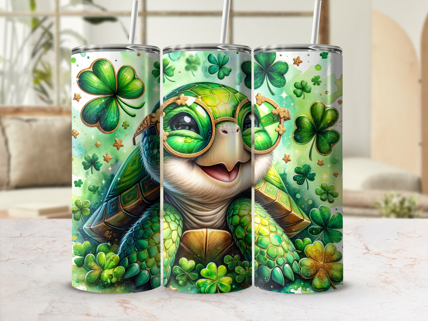 Green turtle with clover glasses and straw on shamrock-patterned tumbler.