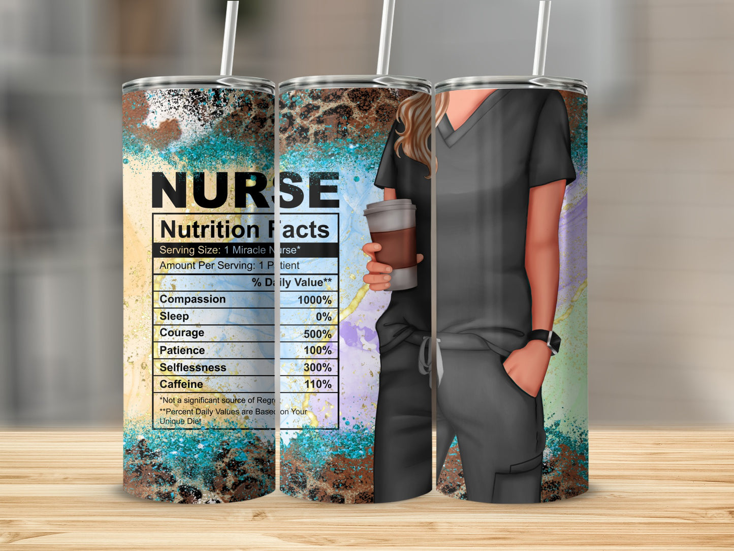 Nurse tumbler with "Nutrition Facts" design and a nurse holding a coffee cup.