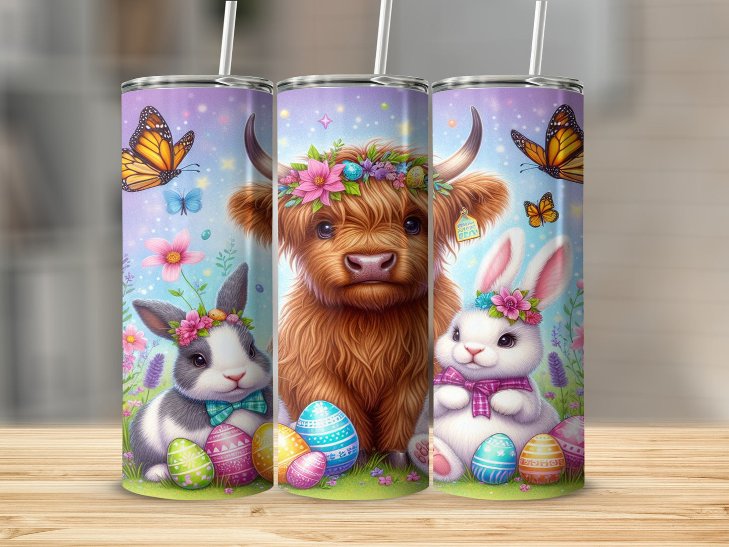 Highland cow and bunnies with Easter eggs and butterflies.