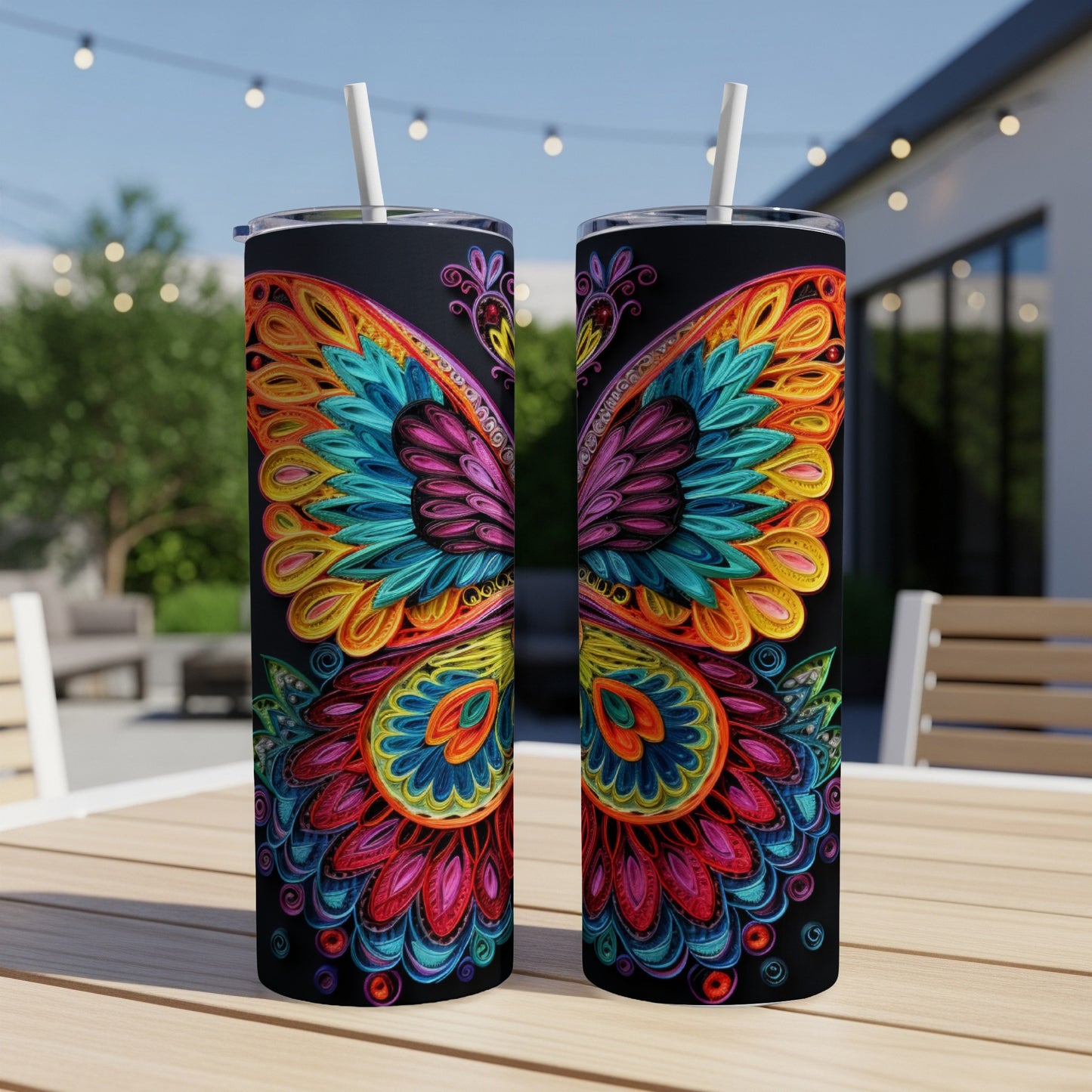 Two colorful butterfly tumblers with straws on a wooden table.