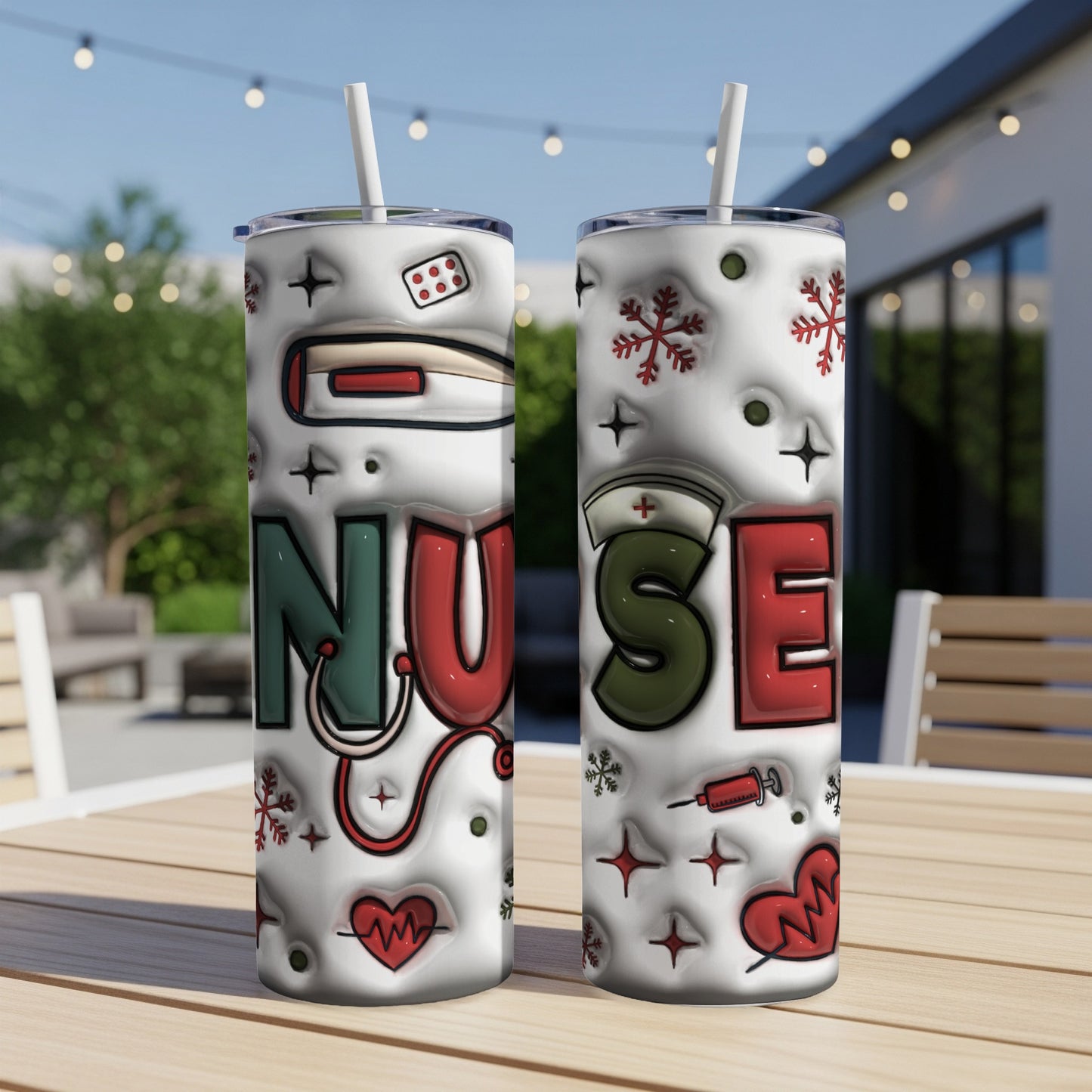 Two tumblers with "Nurse" text and medical icons like stethoscope and syringe.