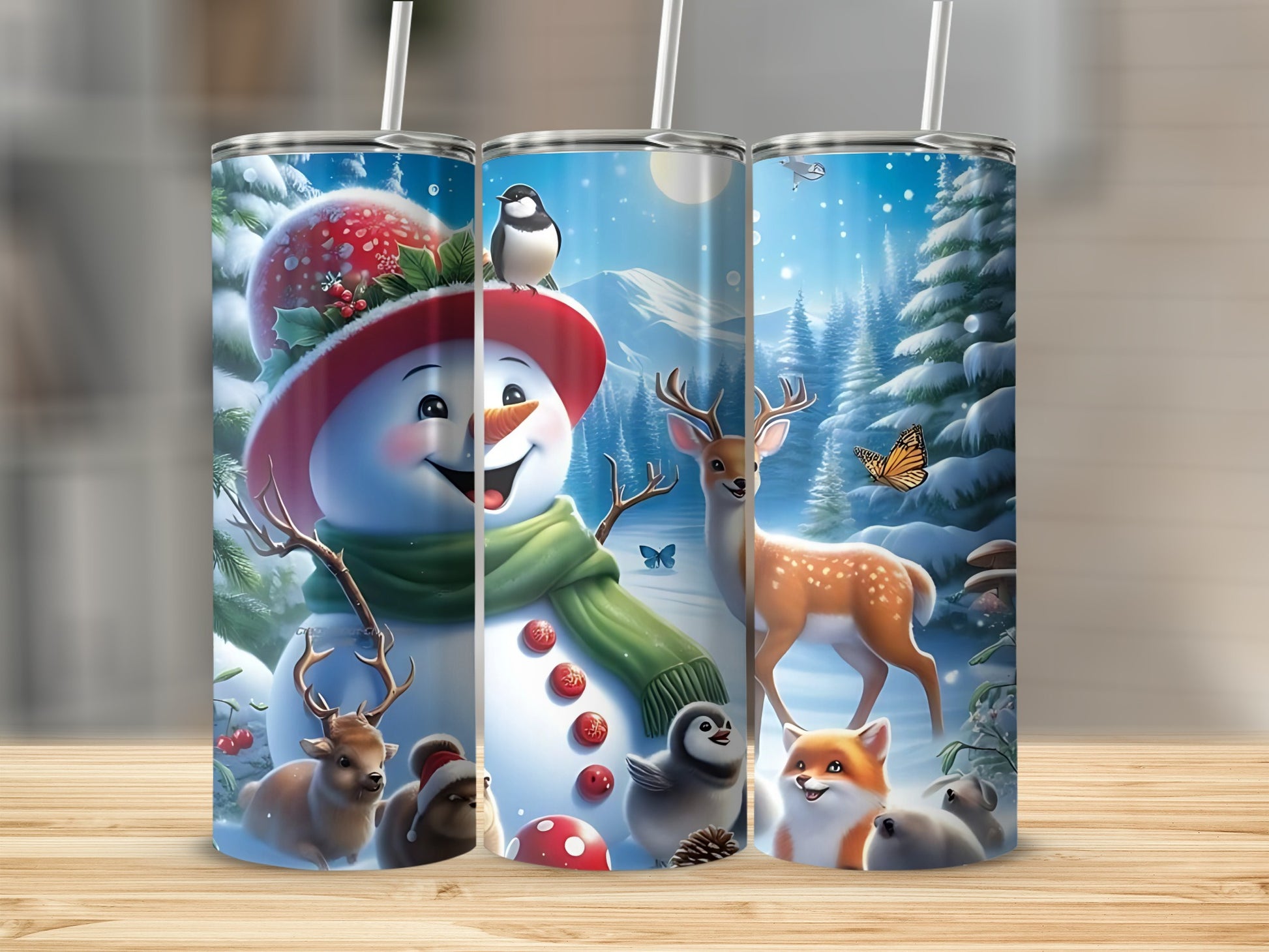 Winter Snowman Forest Scene Kids Illustrated Tumbler
