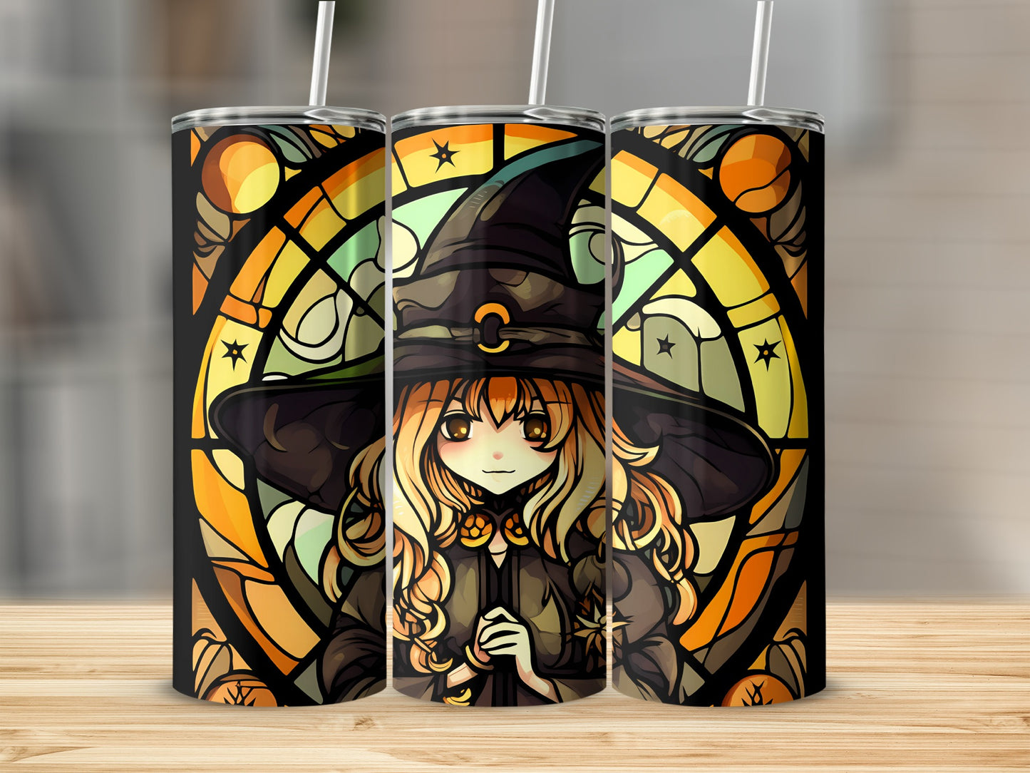 Anime witch with stained glass halo on three tumblers.