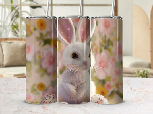 White bunny with pink ears and Easter eggs on a floral background.