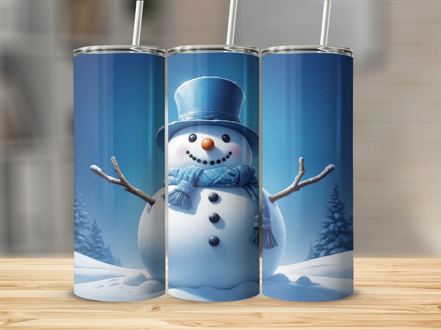 Snowman with blue hat and scarf in snowy landscape, a cheerful winter design.