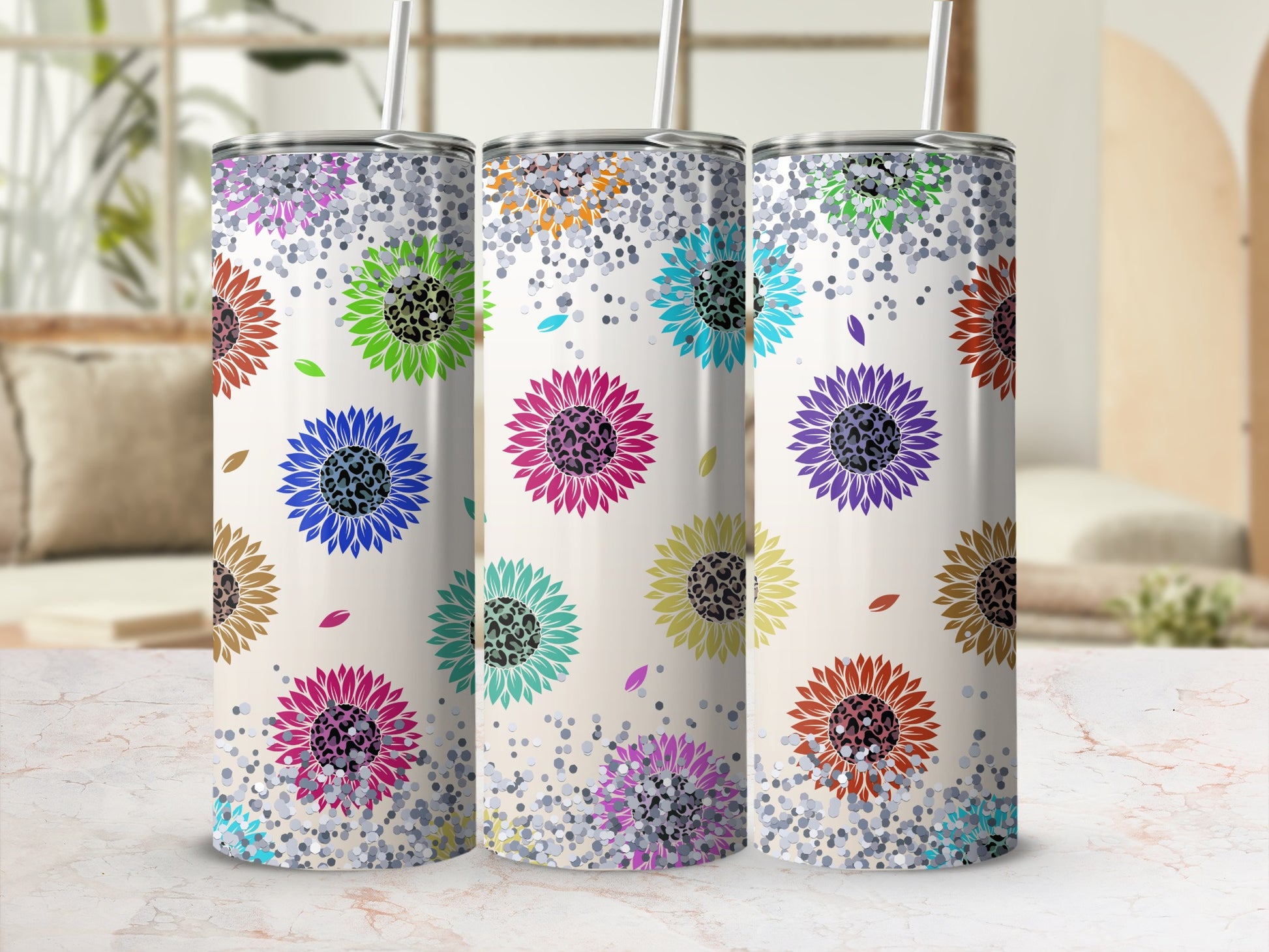 Colorful Leopard Print Sunflower Tumbler Cups