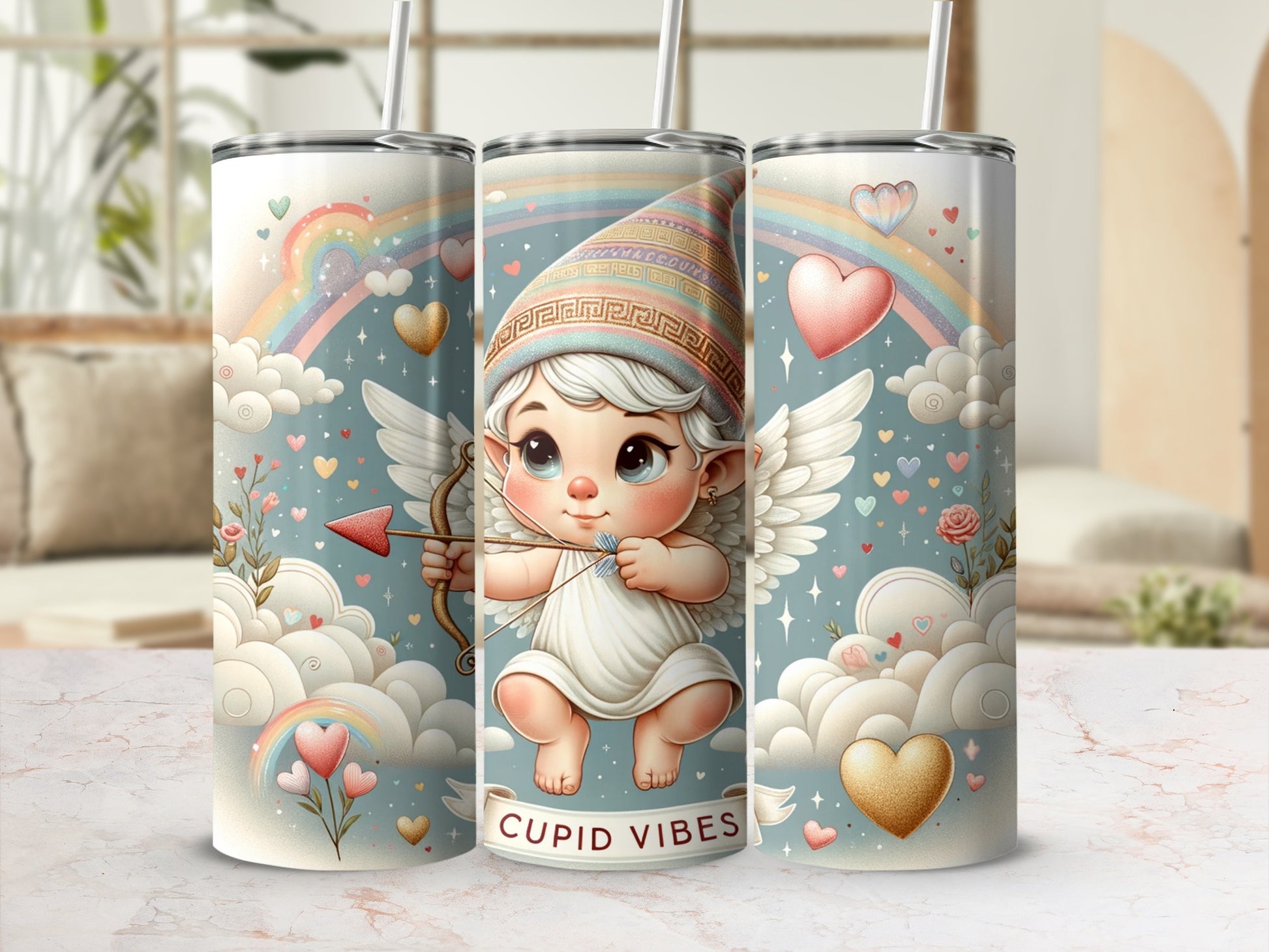 Cute Cupid Vibes Design with Hearts and Rainbows Tumbler