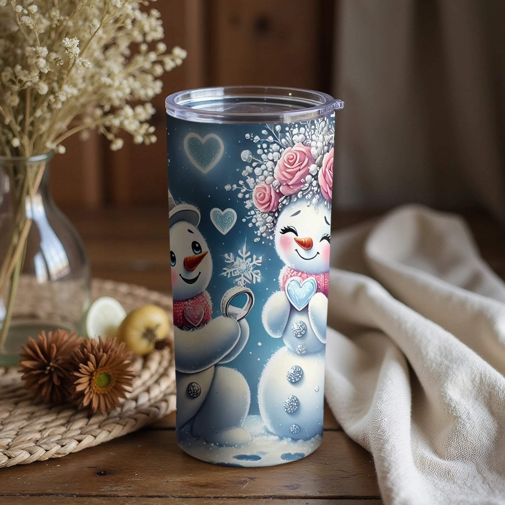 Snowman Couple with Hearts Reusable Drinkware