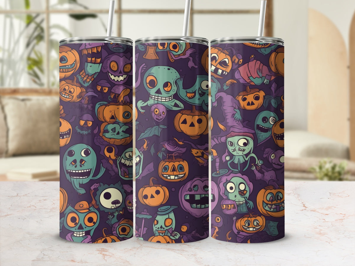 Three tumblers with a Halloween pattern featuring pumpkins, ghosts, and monsters.