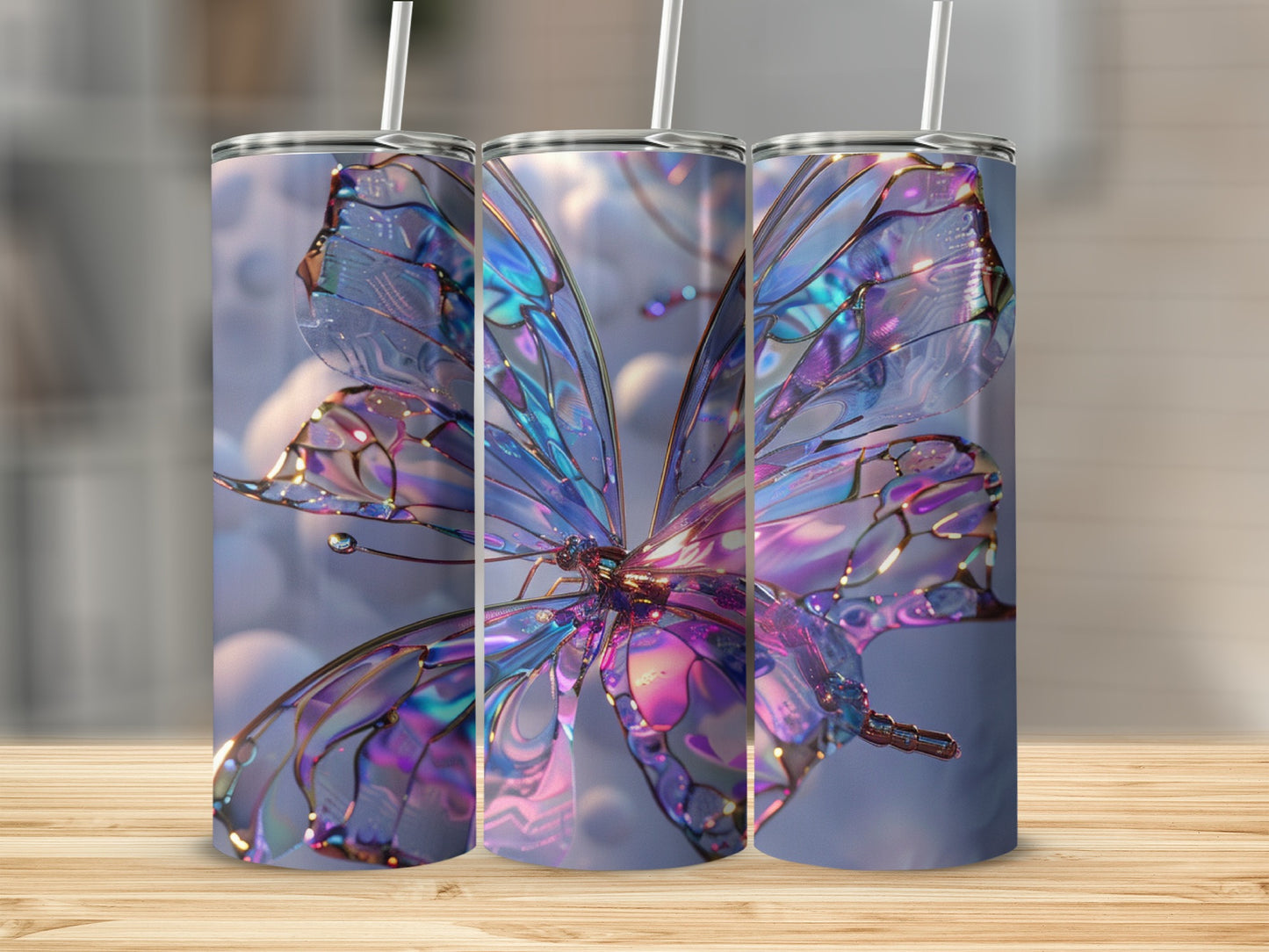 Iridescent butterfly tumbler with straw on a wooden surface.
