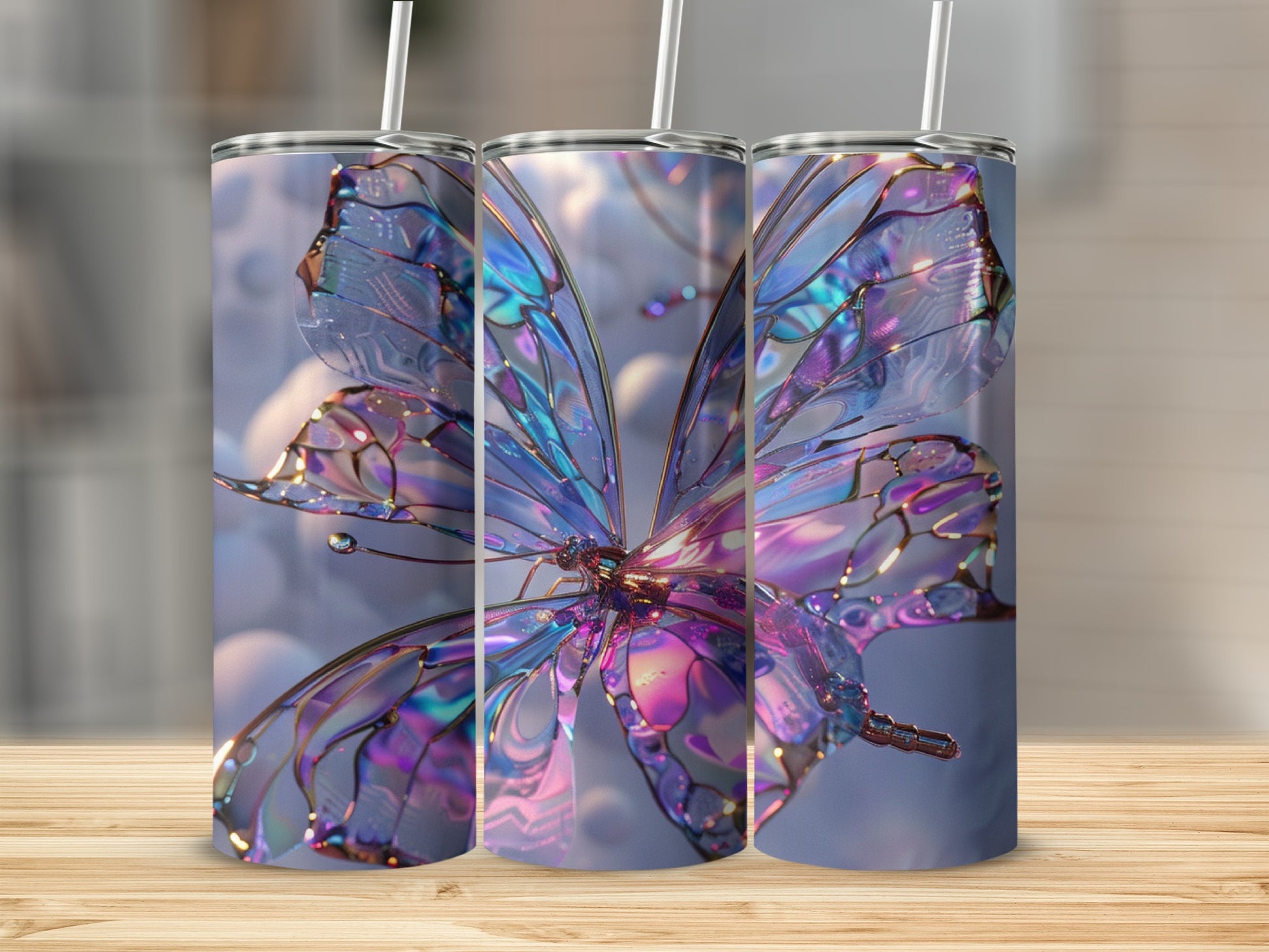 Iridescent butterfly tumbler with straw on a wooden surface.