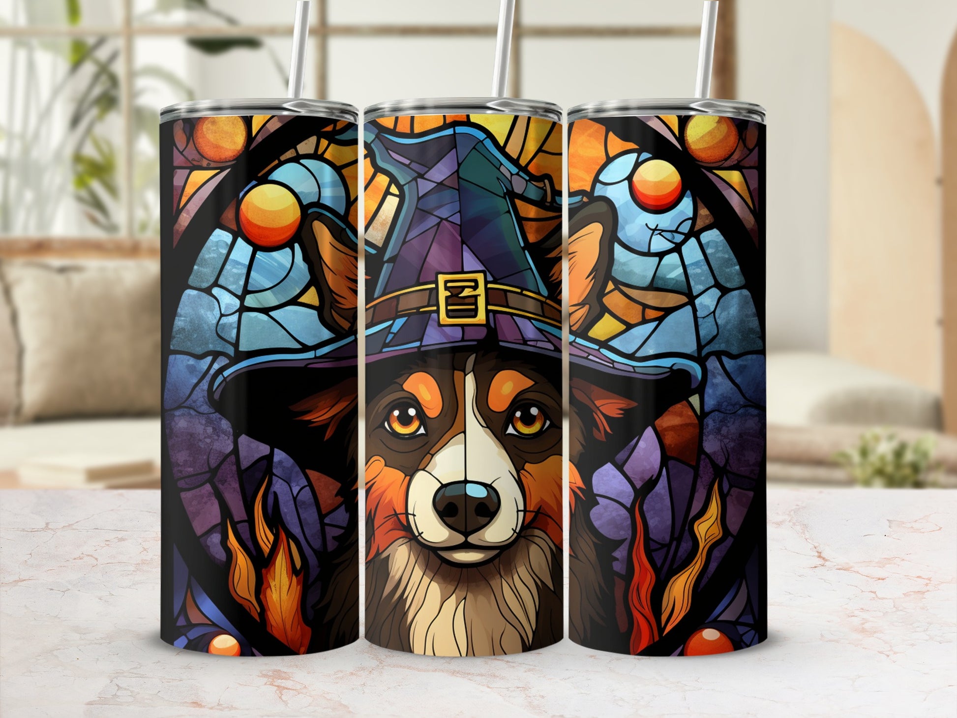 Dog in witch hat on stained glass background, three tumblers shown.