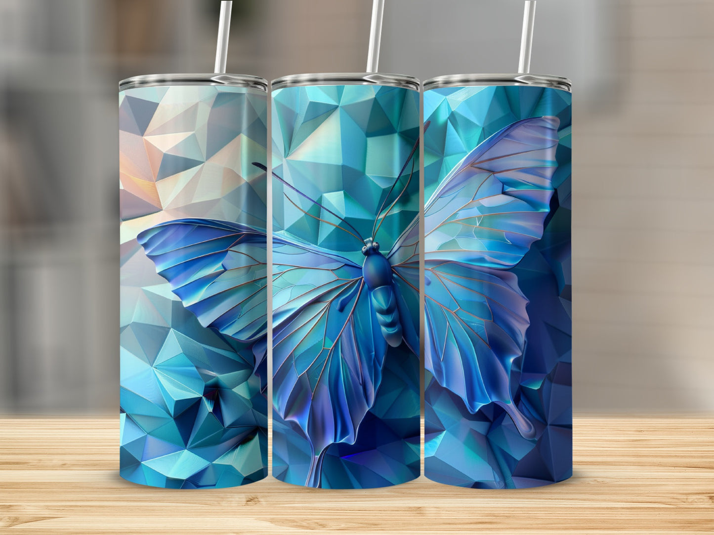 Blue butterfly on abstract geometric crystal background, three tumblers.