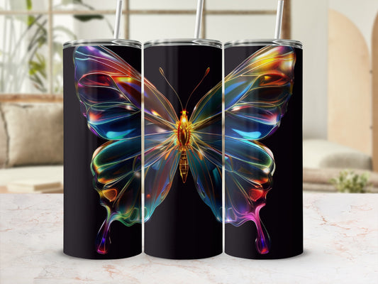 Triptych of tumblers featuring iridescent butterfly wings with rainbow colors.