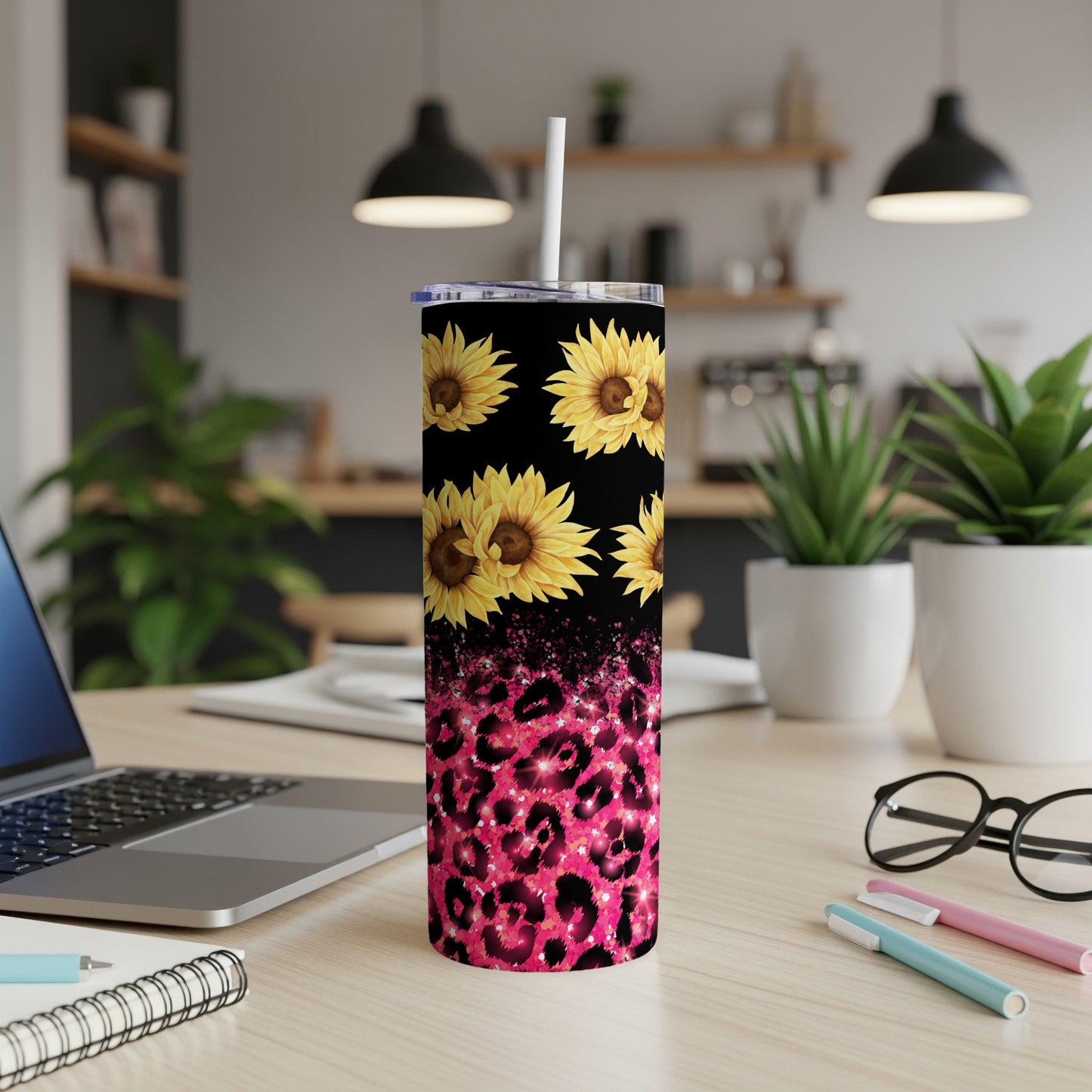 Tall tumbler with sunflowers and pink leopard print design.