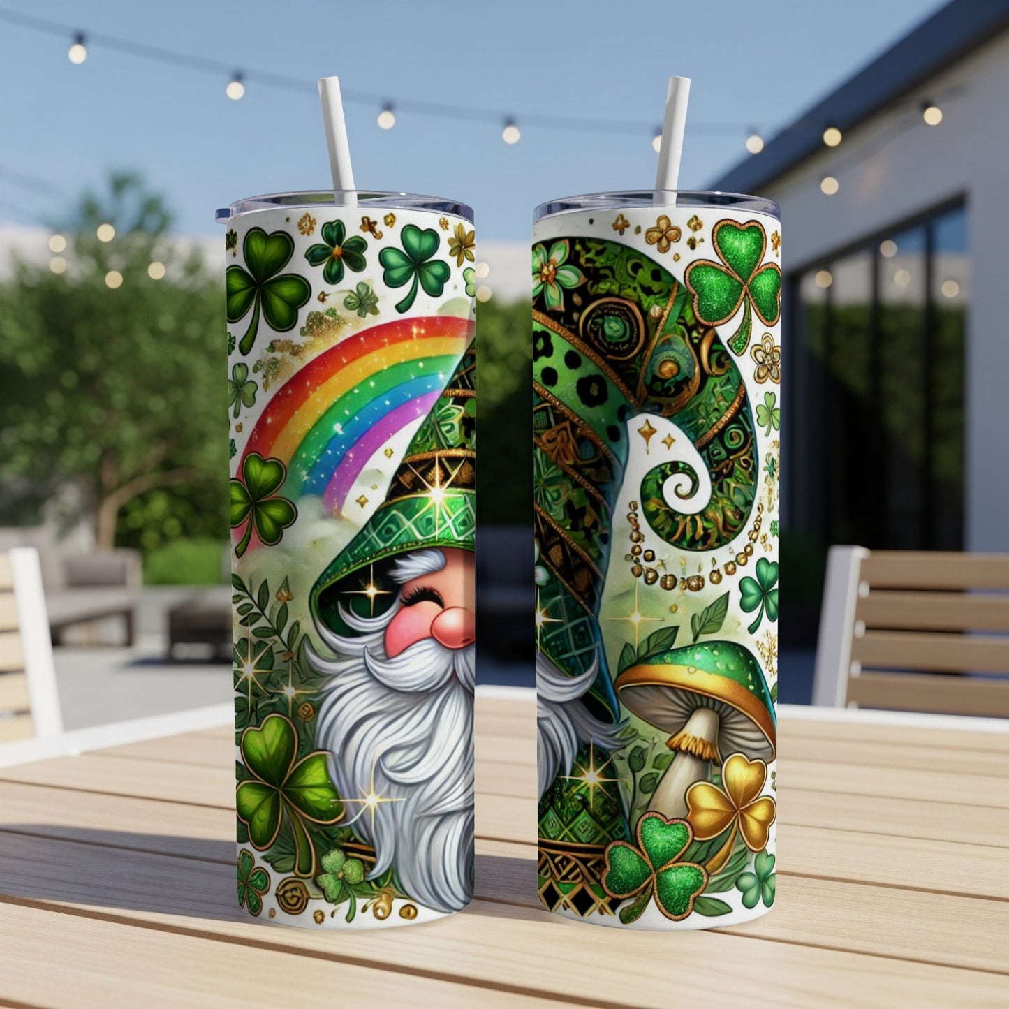 Two St. Patrick's Day tumblers with gnome, shamrocks, and rainbow designs.