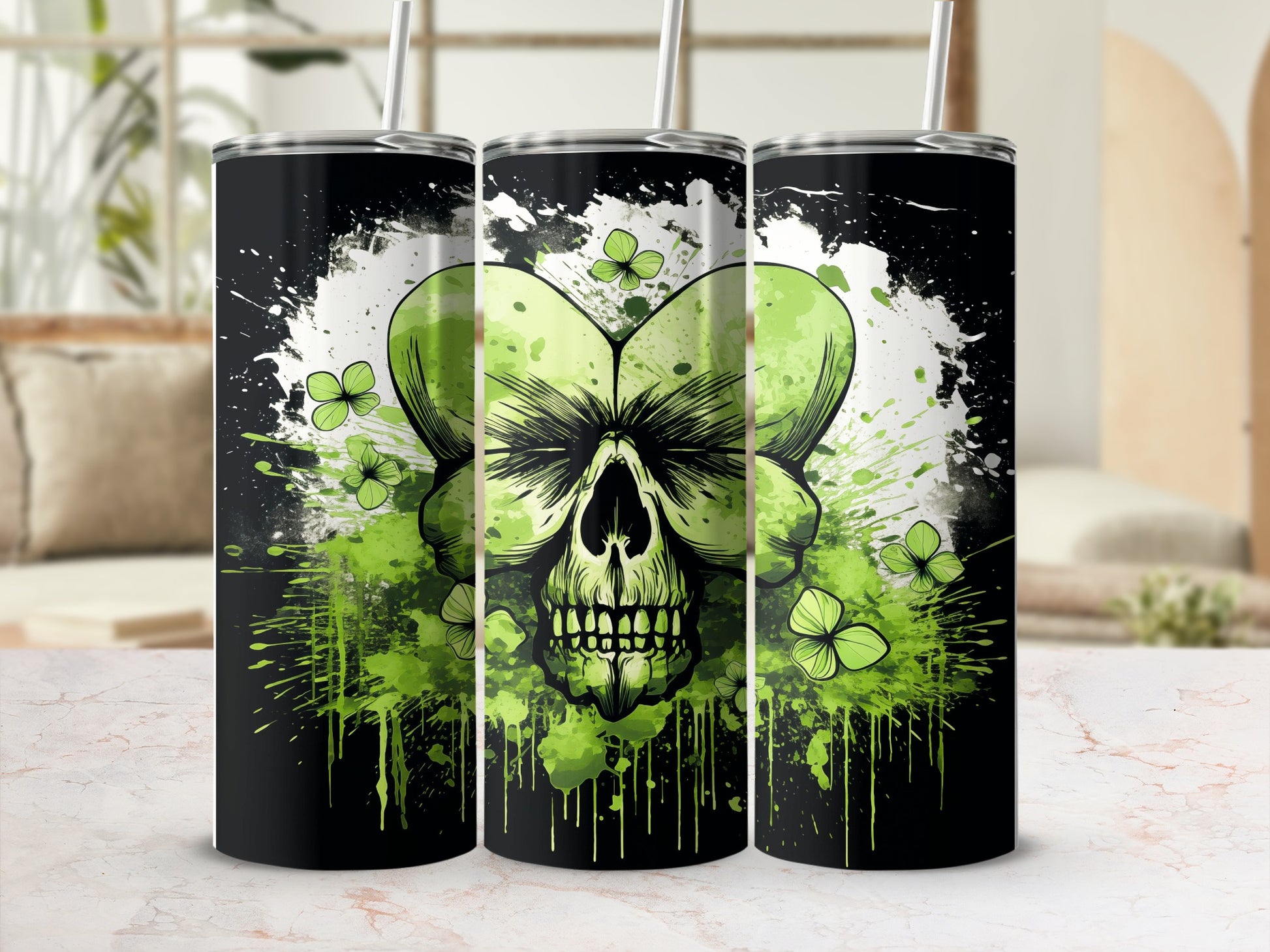 Three tumblers featuring a green skull and shamrocks on a black background.