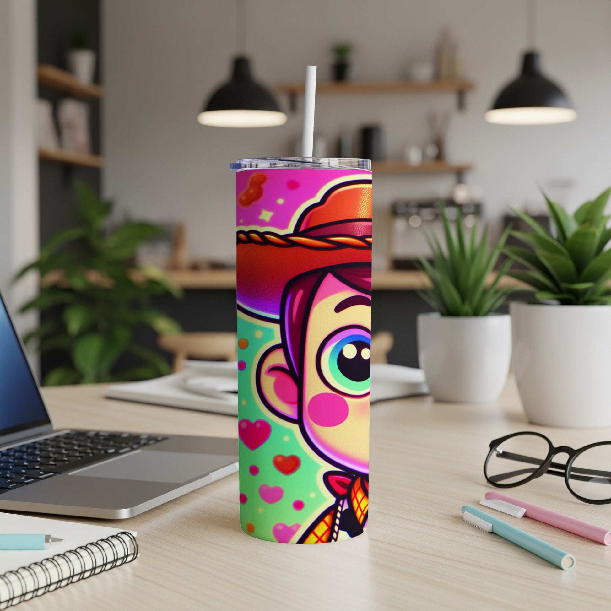 Tall tumbler with cartoon cowboy character and colorful heart pattern.