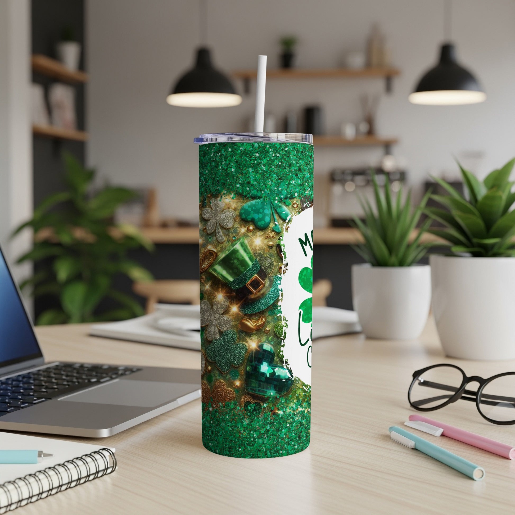 Glittery St. Patrick's Day tumbler with shamrocks, hat, and text "Lucky Charm".