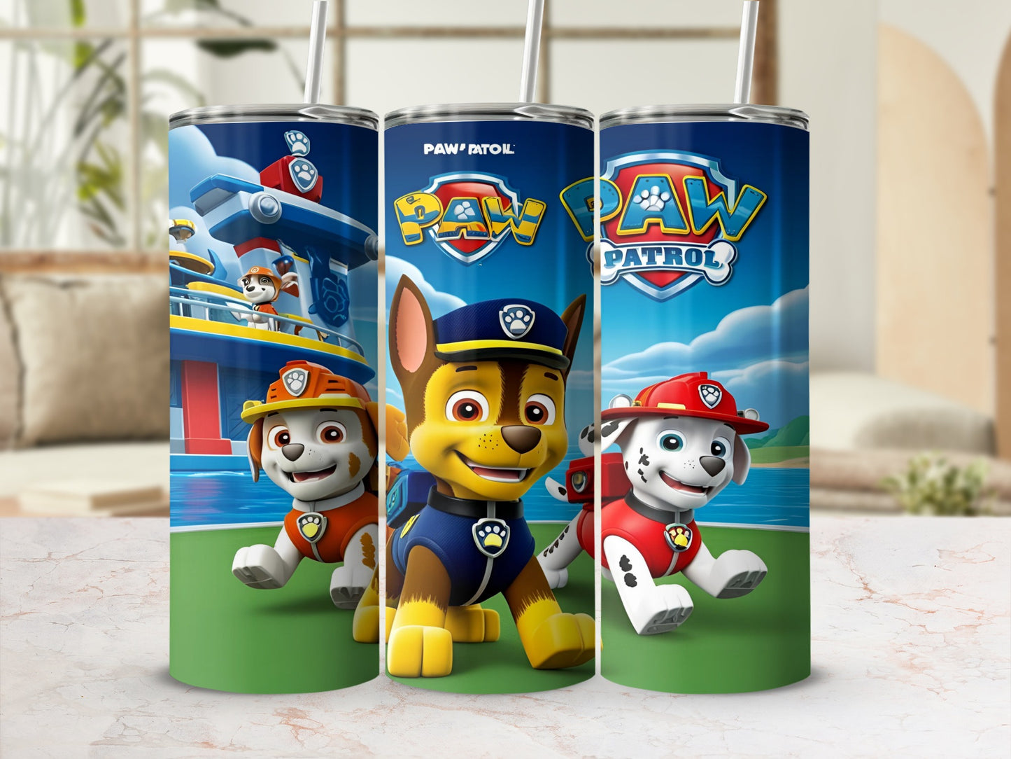 Paw Patrol tumblers featuring Chase, Marshall, and Ryder on a blue and green background.