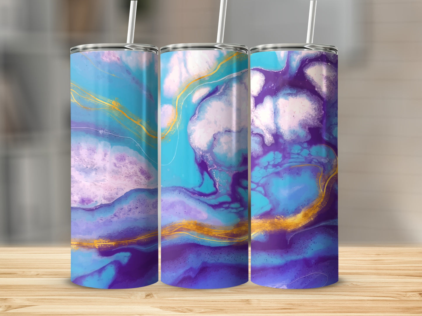 Three tumblers with abstract purple, blue, and gold marbled design.