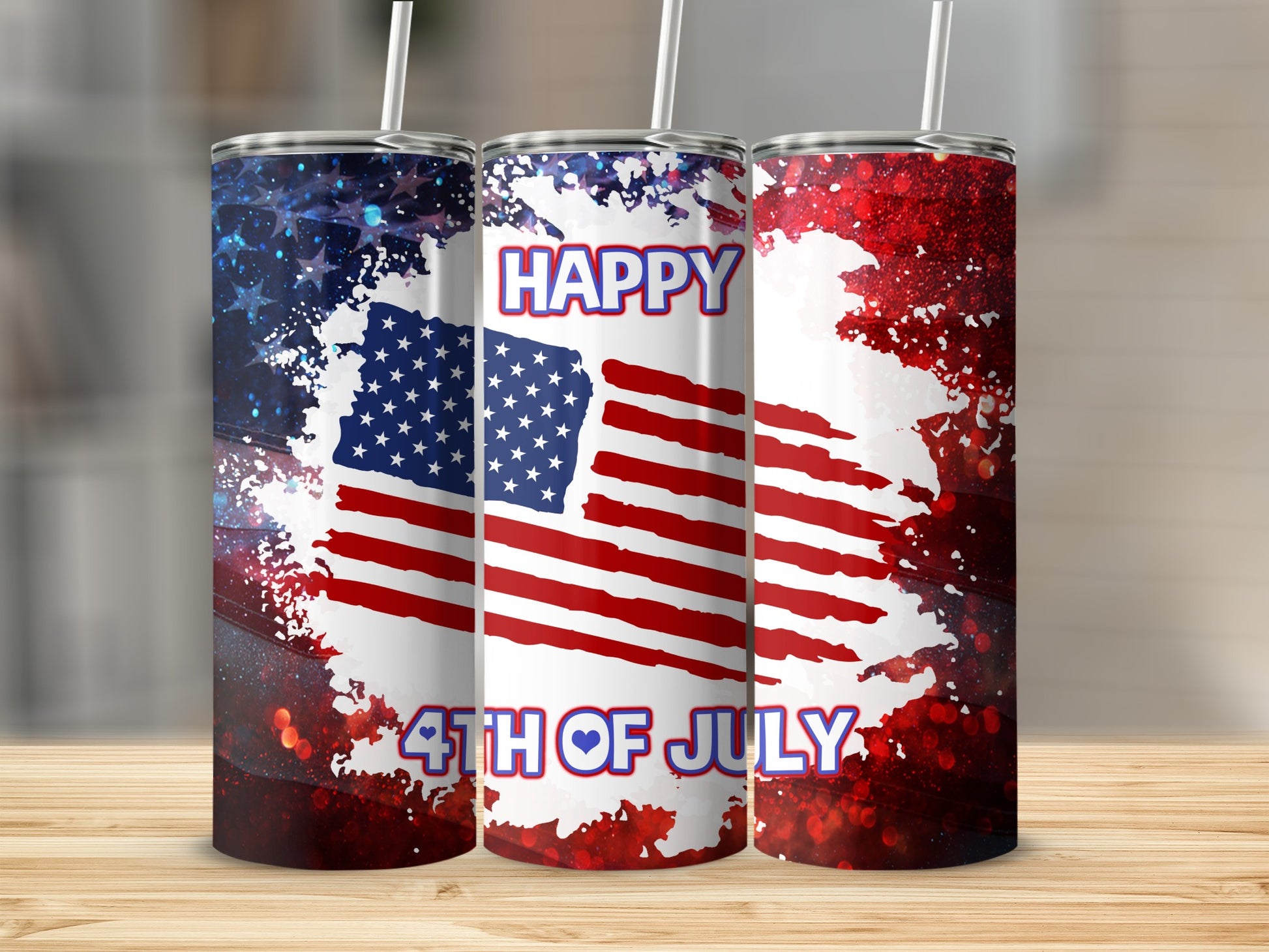 Two tumblers with patriotic USA flag and "Happy 4th of July" design.