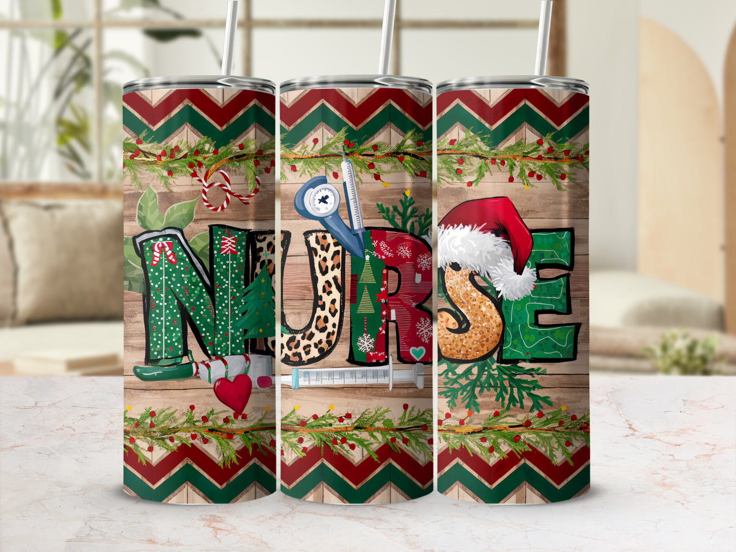 "NURSE" text with holiday and medical accents on a tumbler.