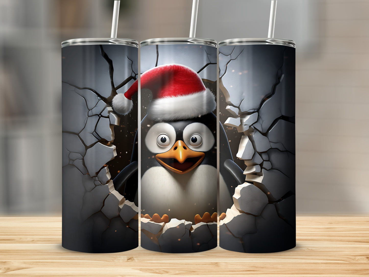 Penguin in Santa hat breaking through cracked wall on three tumblers.