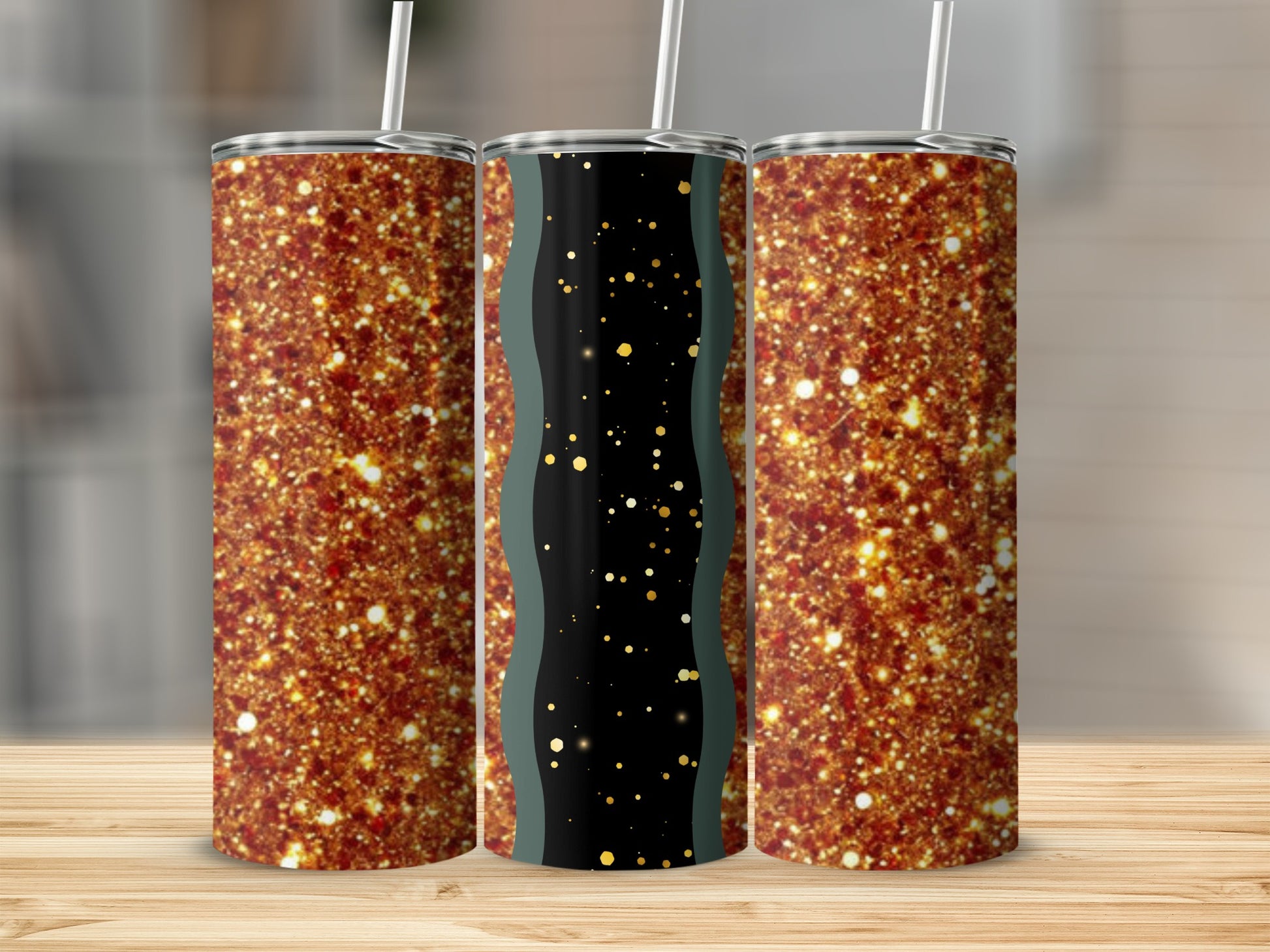 Three glitter tumblers with straws, one with a black and gold wavy design.