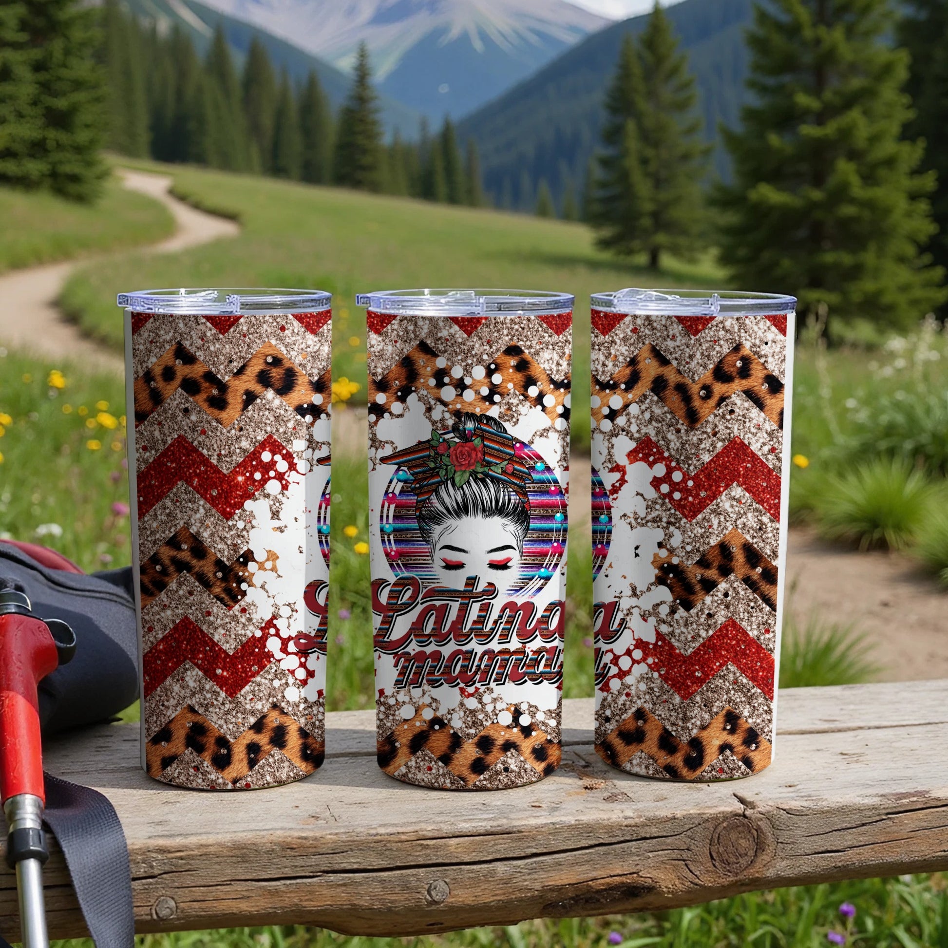 Three tumblers with "Latina Mama" text and leopard print designs.