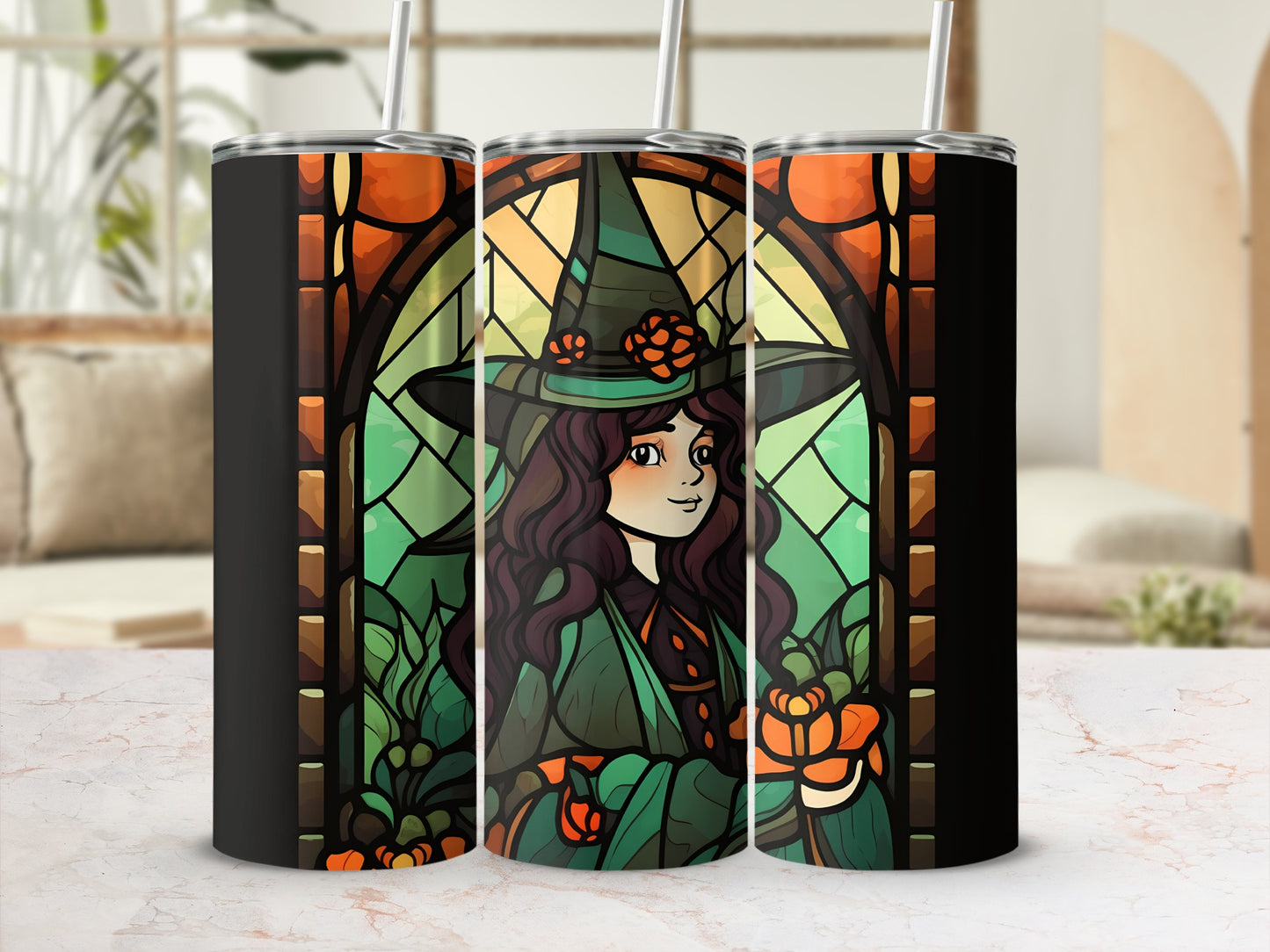 Witch in stained glass design on a tumbler with straws.