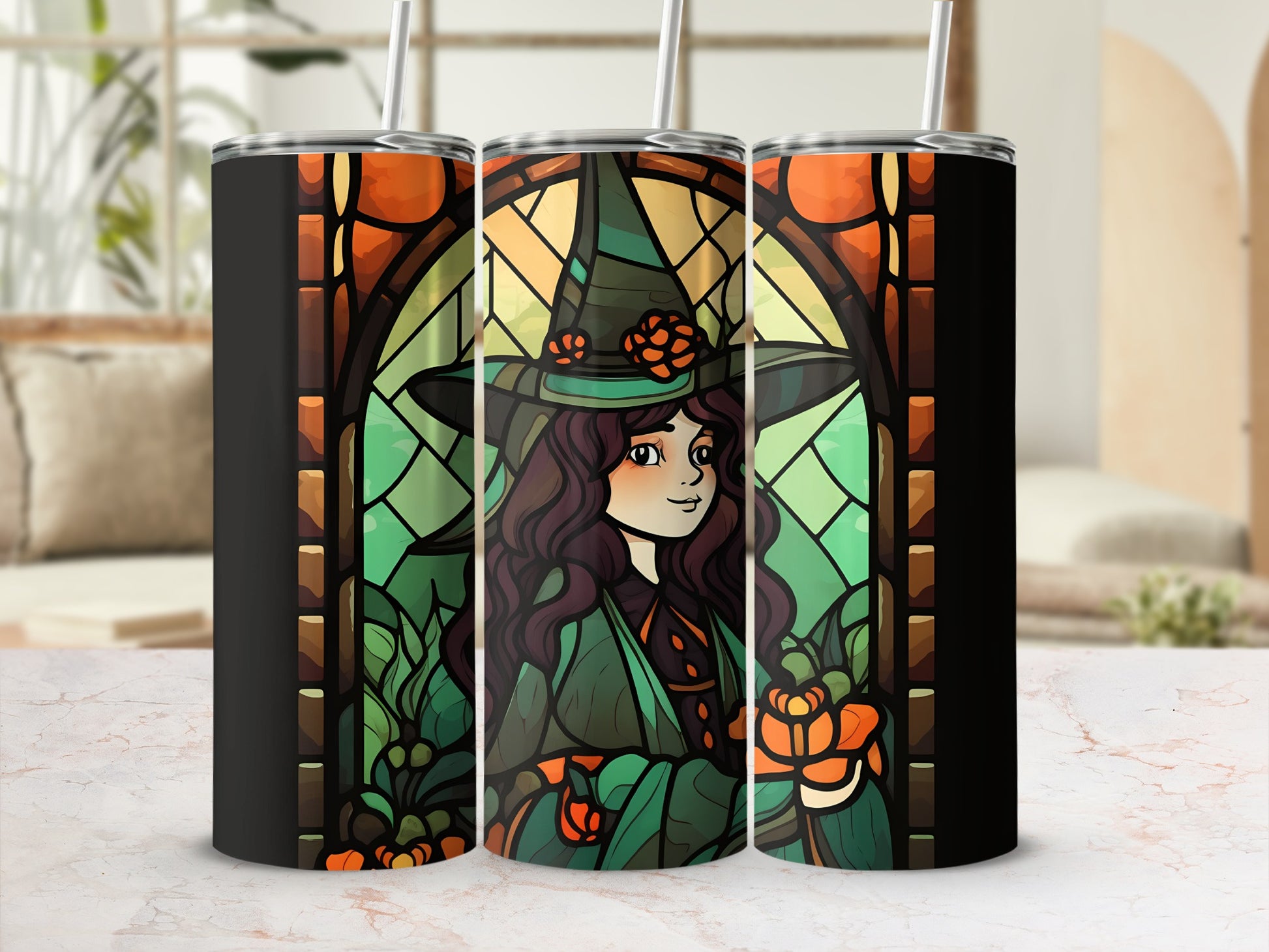 Witch in stained glass design on a tumbler with straws.