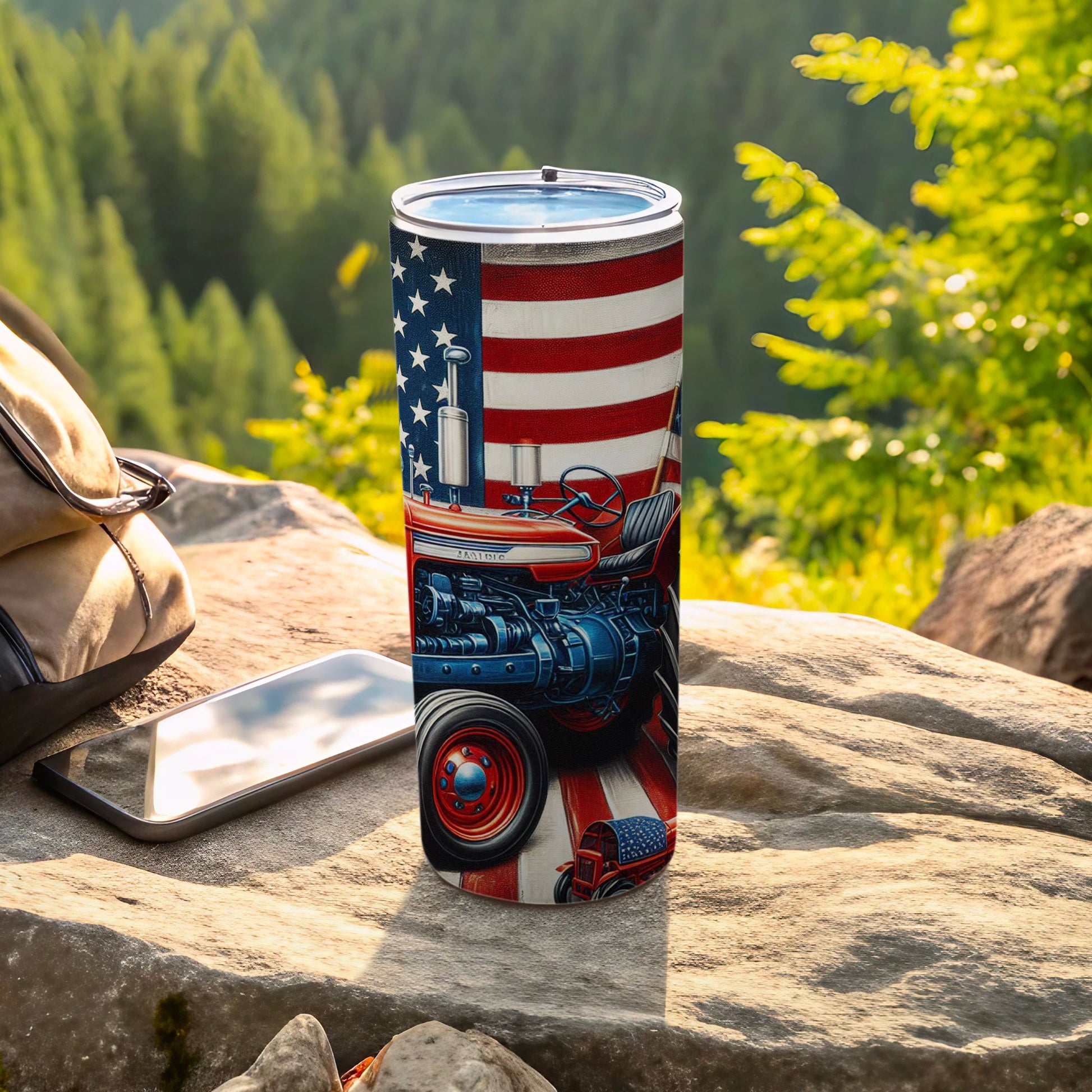 Tumbler featuring American flag, blue tractor, and patriotic elements.