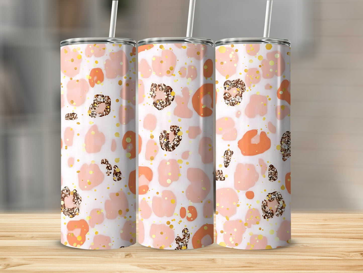Abstract Multicolor Leopard Print Tumbler with Straw