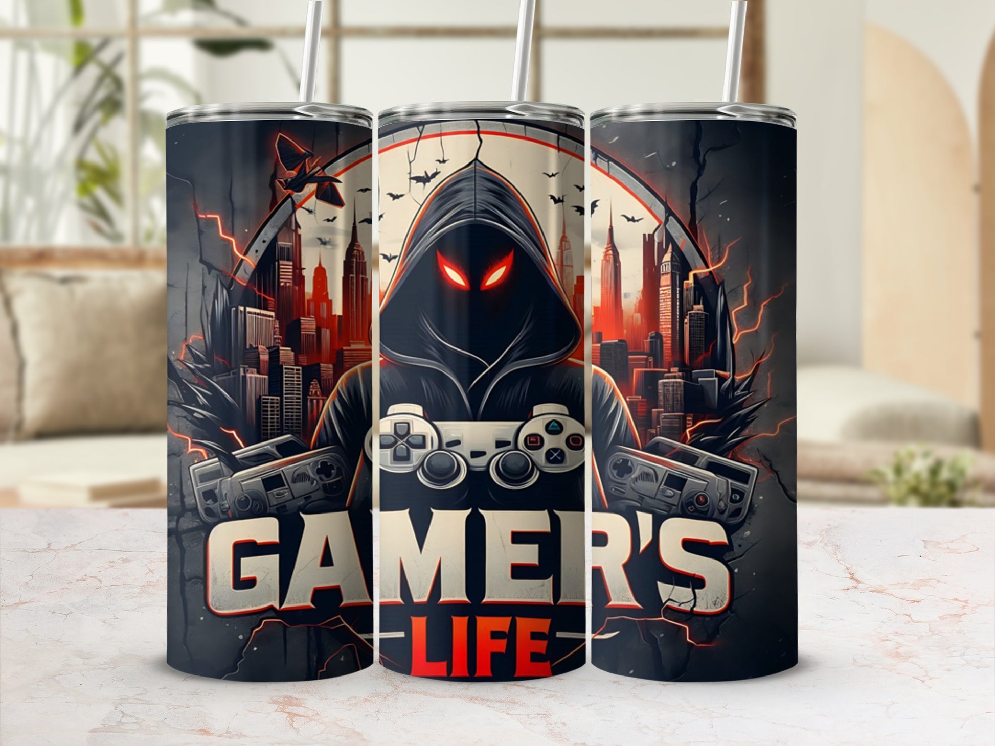 Gamer's Life tumbler with city skyline, video game controller, and hooded figure.