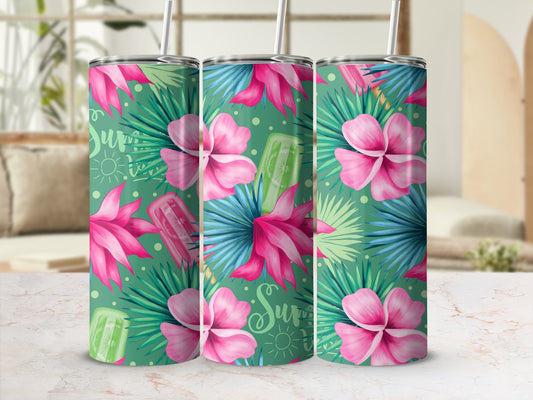 Pink flowers and green tropical leaves on a tumbler with a "Summer" sunburst pattern.